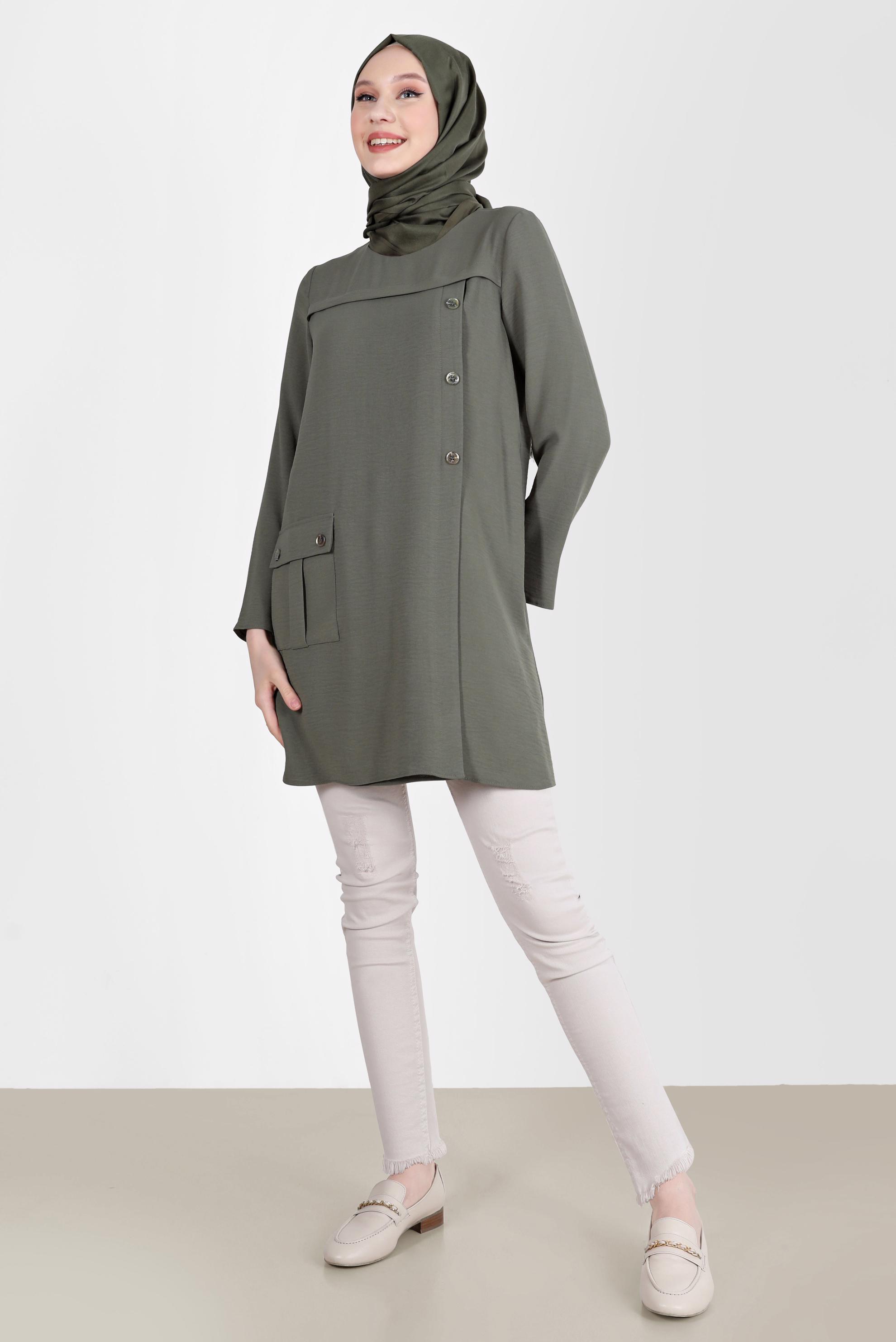 Tesettür giyim HAKİ DÜĞME DETAYLI CEPLİ TUNİK 42503