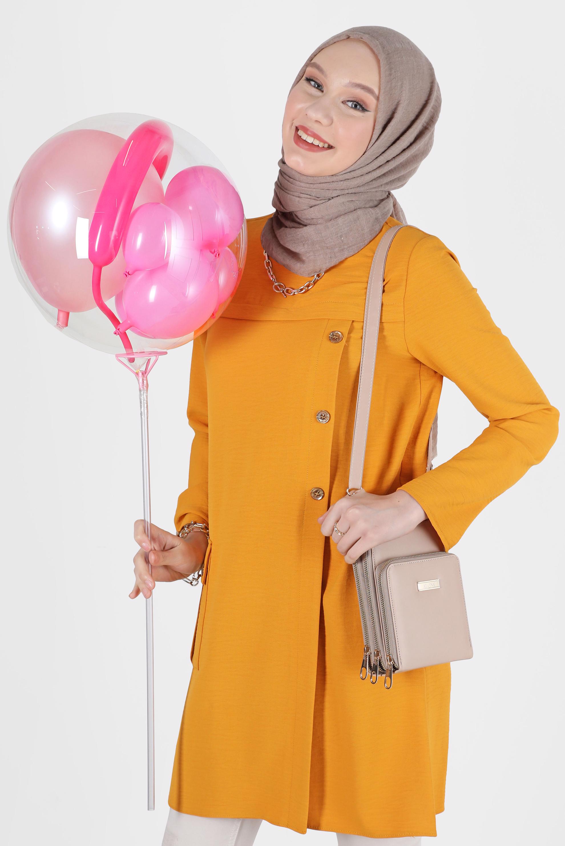 Tesettür giyim SARI DÜĞME DETAYLI CEPLİ TUNİK 42503