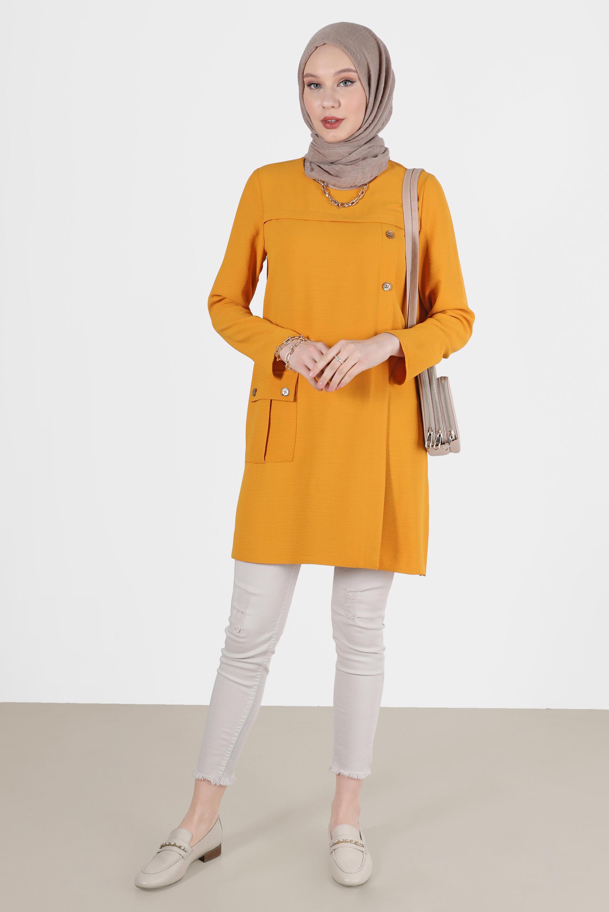 Tesettür giyim SARI DÜĞME DETAYLI CEPLİ TUNİK 42503