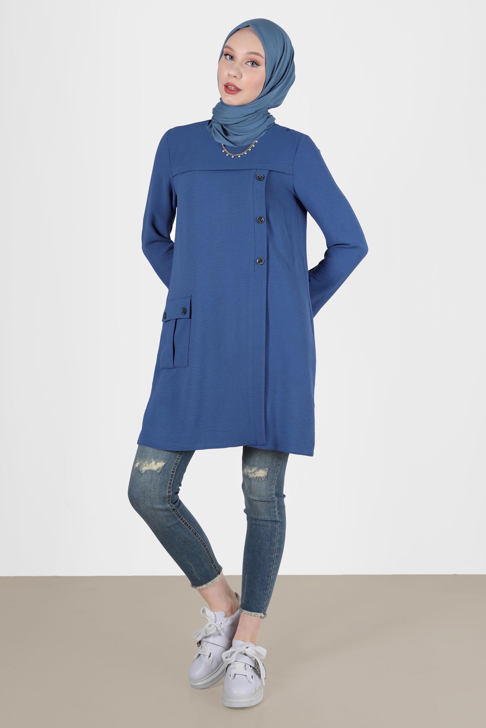 Tesettür giyim LACİVERT DÜĞME DETAYLI CEPLİ TUNİK 42503