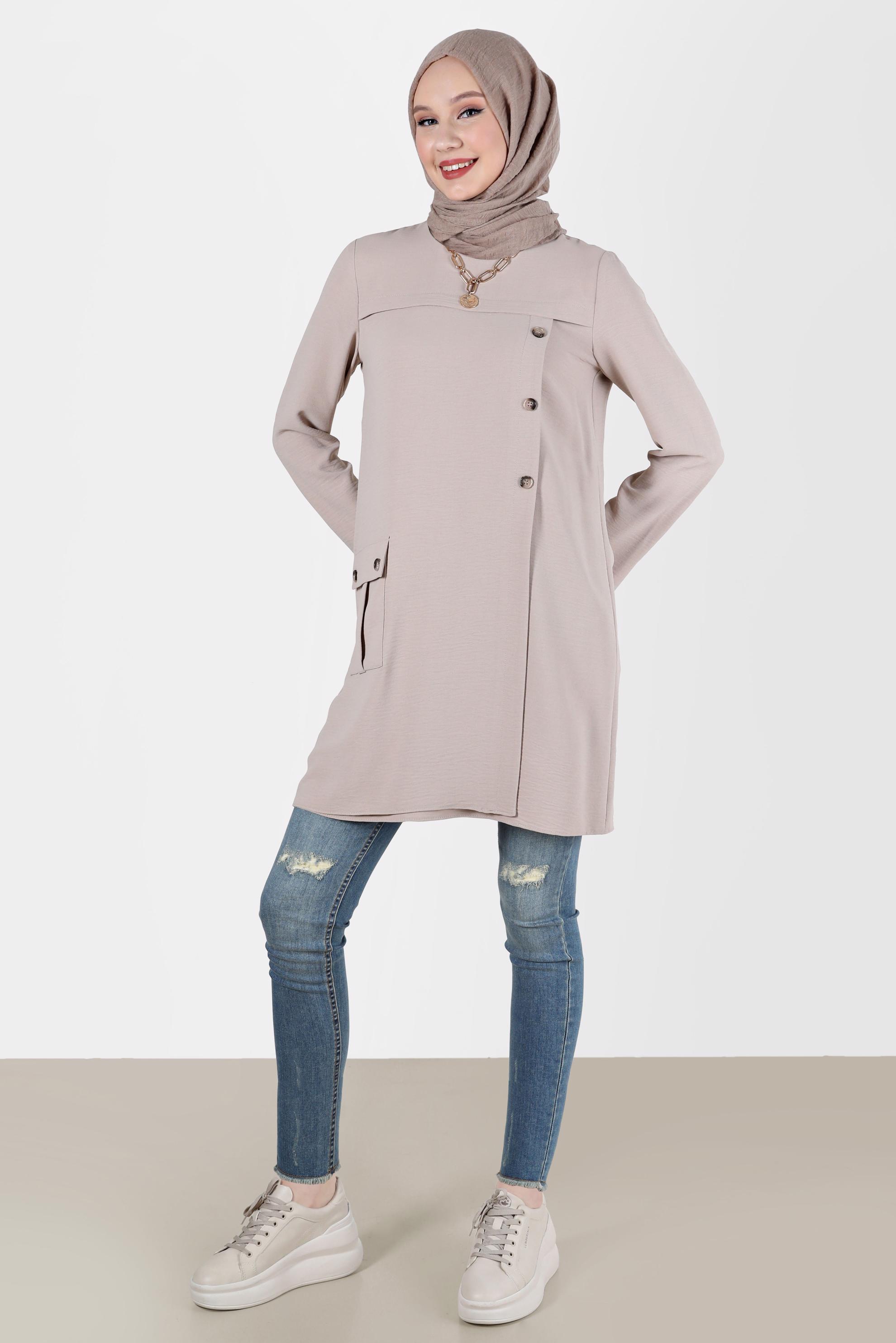 Tesettür giyim BEJ DÜĞME DETAYLI CEPLİ TUNİK 42503