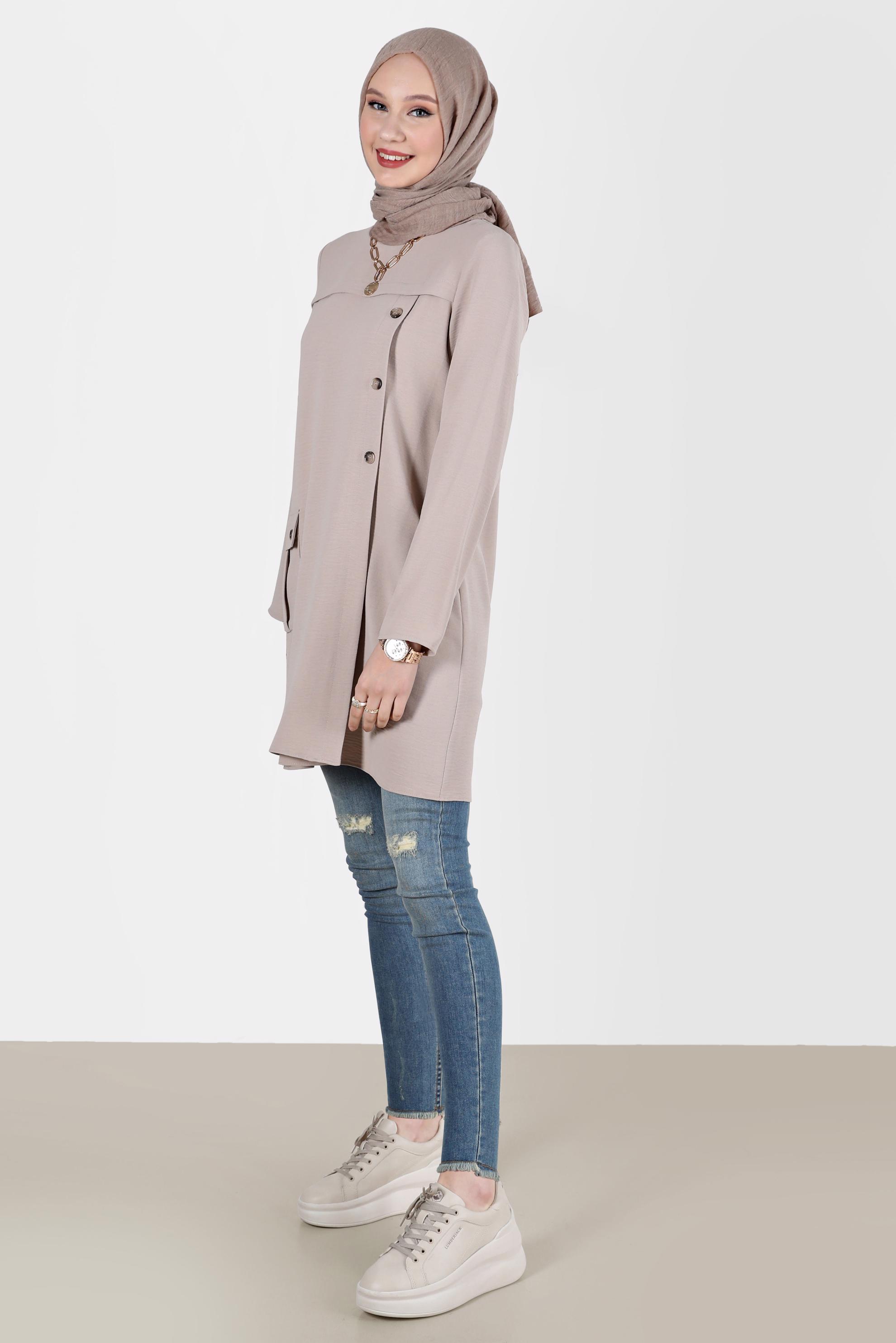 Tesettür giyim BEJ DÜĞME DETAYLI CEPLİ TUNİK 42503