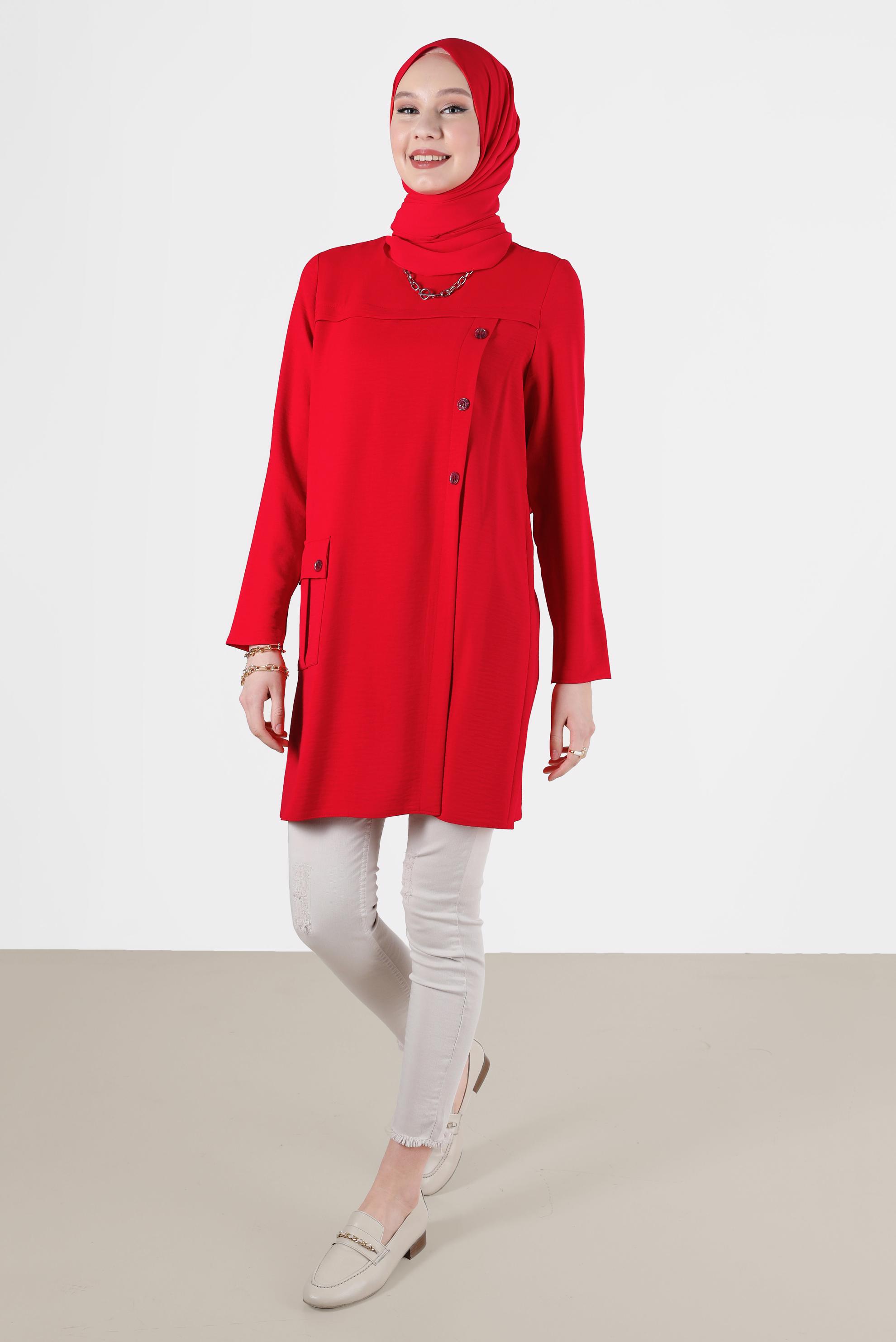 Tesettür giyim KIRMIZI DÜĞME DETAYLI CEPLİ TUNİK 42503