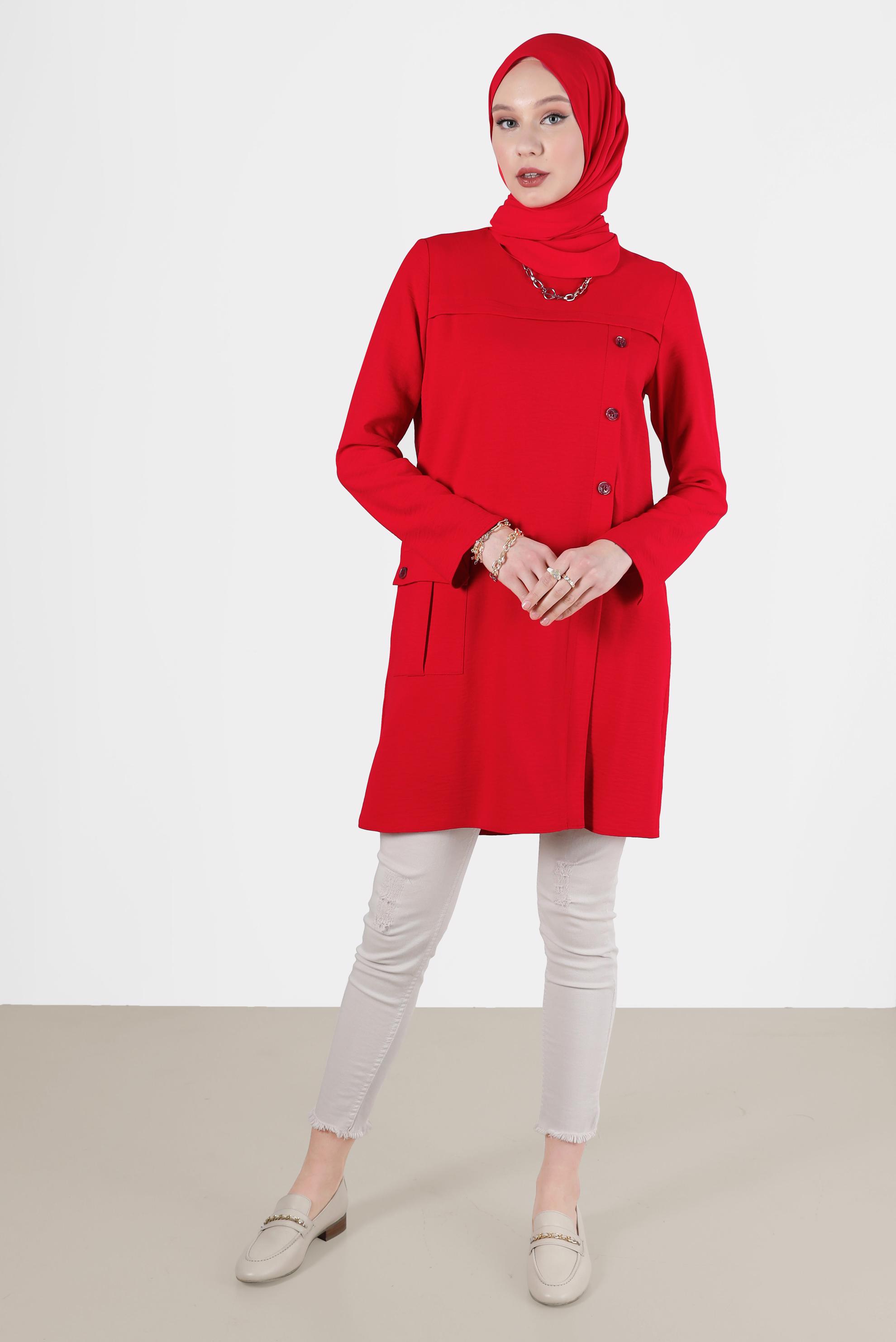 Tesettür giyim KIRMIZI DÜĞME DETAYLI CEPLİ TUNİK 42503