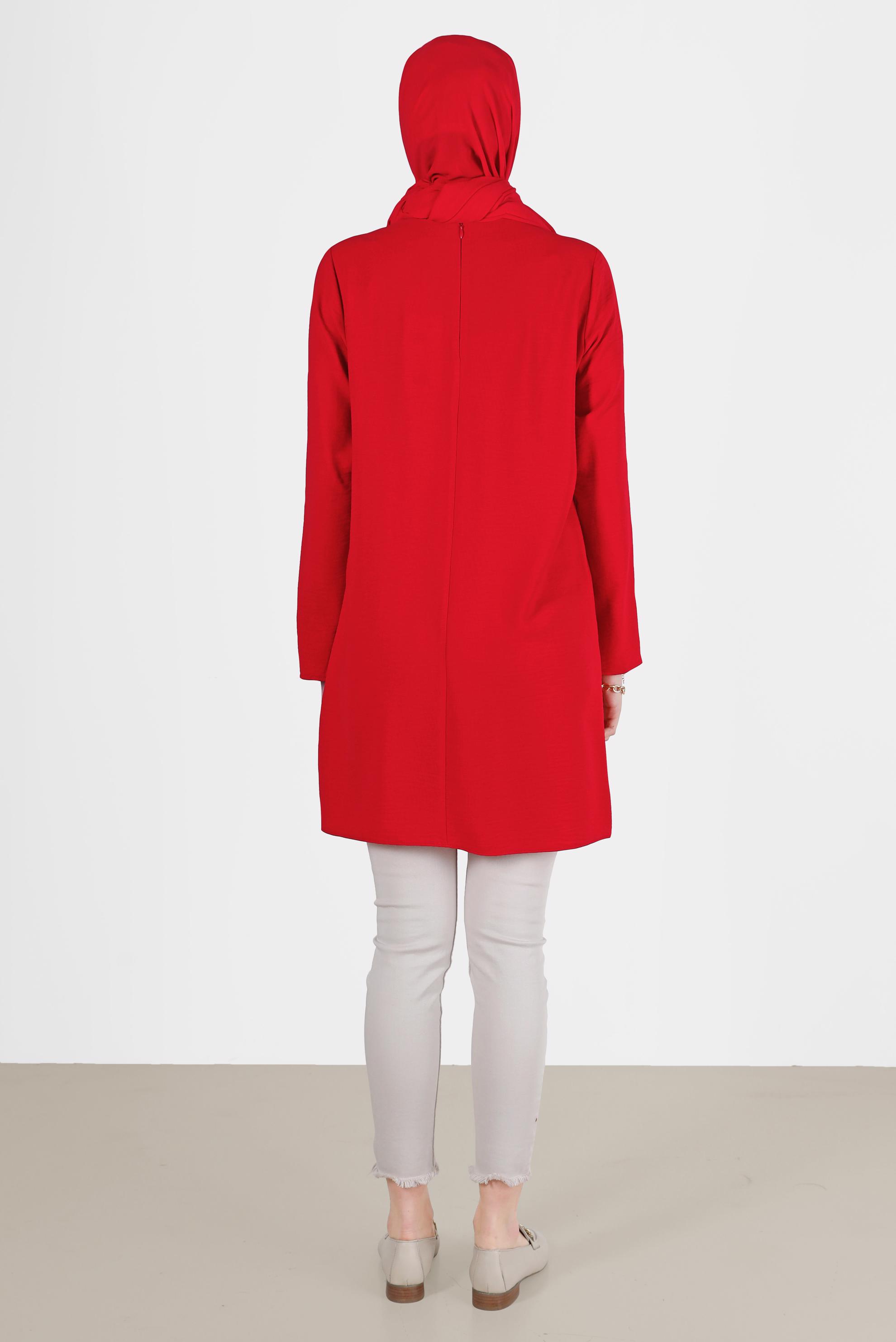 Tesettür giyim KIRMIZI DÜĞME DETAYLI CEPLİ TUNİK 42503