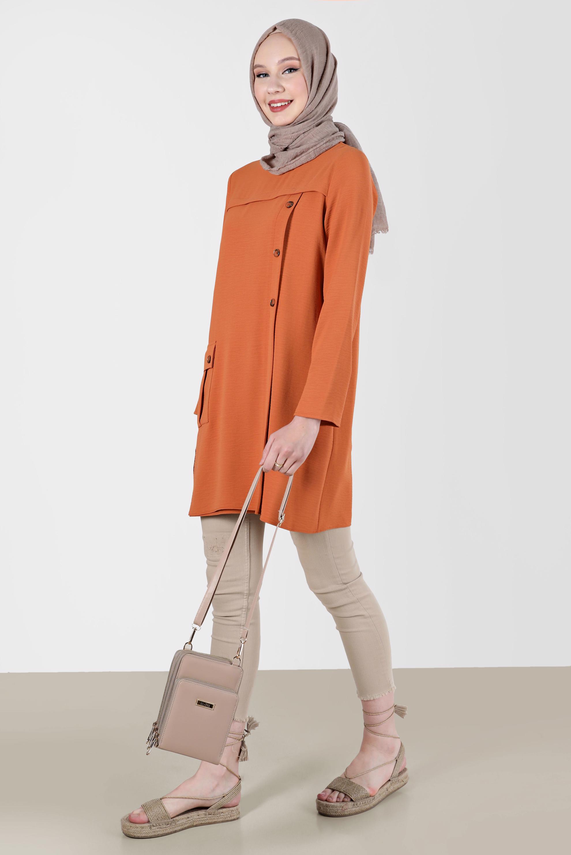 Tesettür giyim KAHVE DÜĞME DETAYLI CEPLİ TUNİK 42503