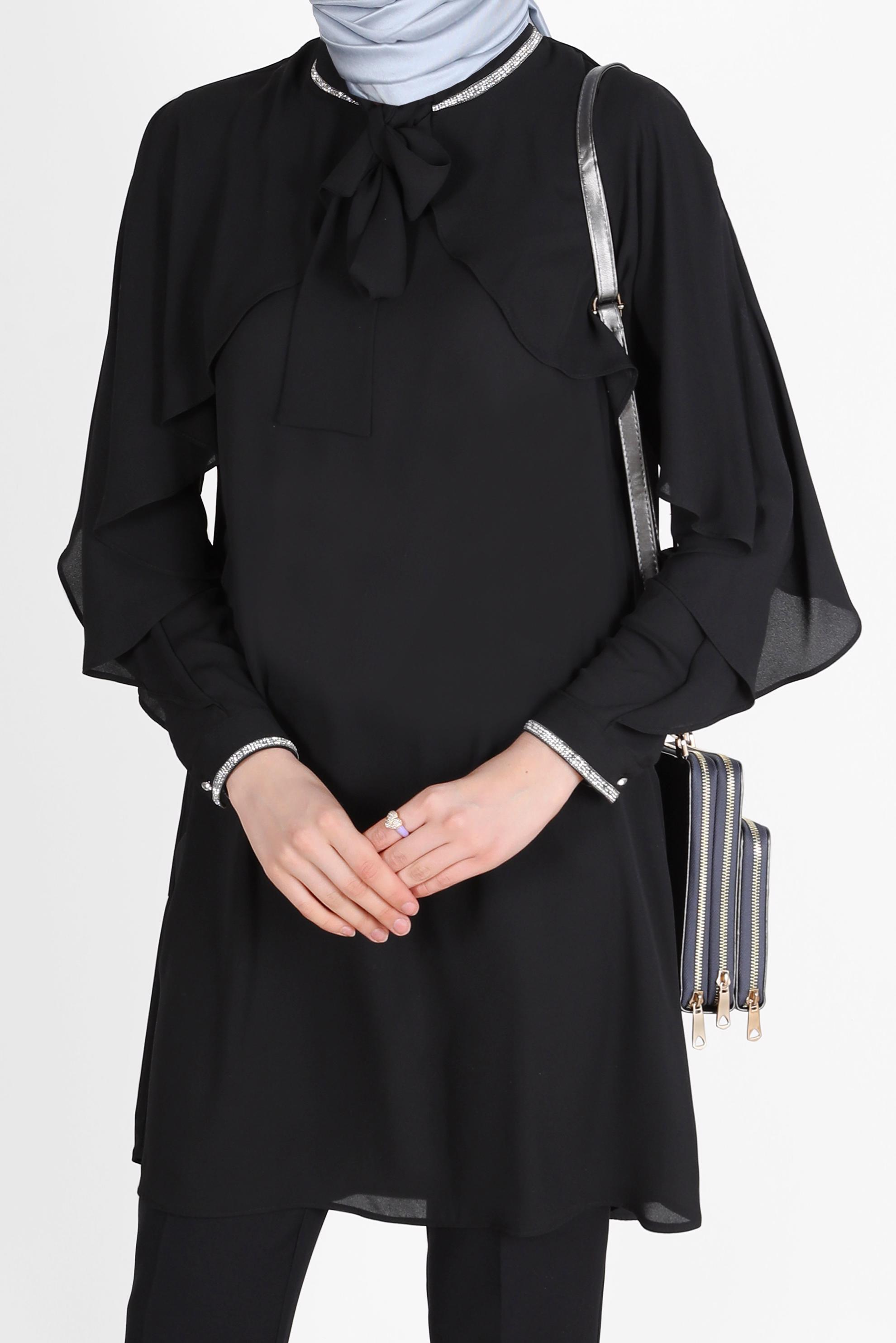 Tesettür giyim SİYAH TAŞ DETAYLI VOLANLI TUNİK 42505 