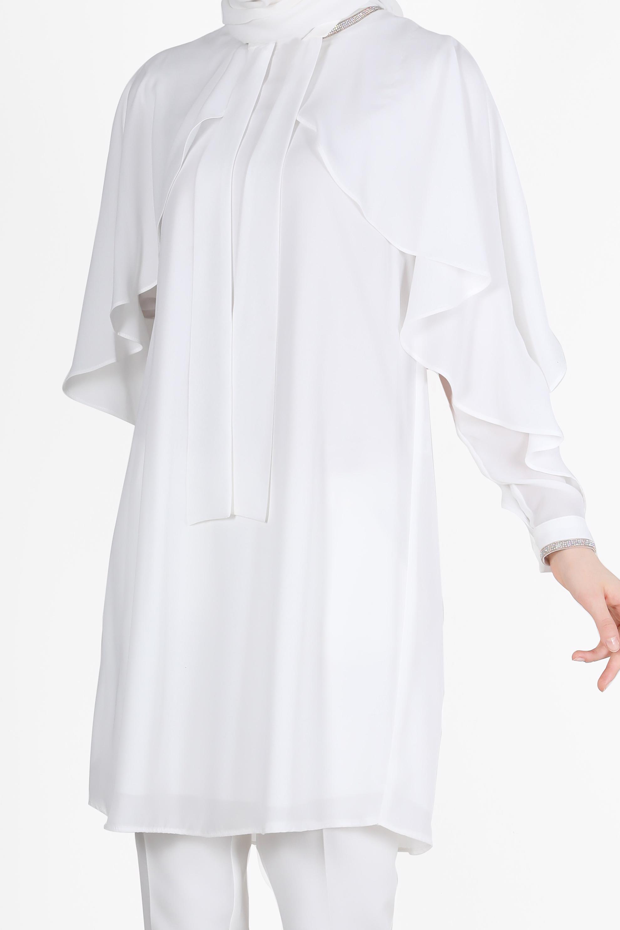 Tesettür giyim BEYAZ TAŞ DETAYLI VOLANLI TUNİK 42505 