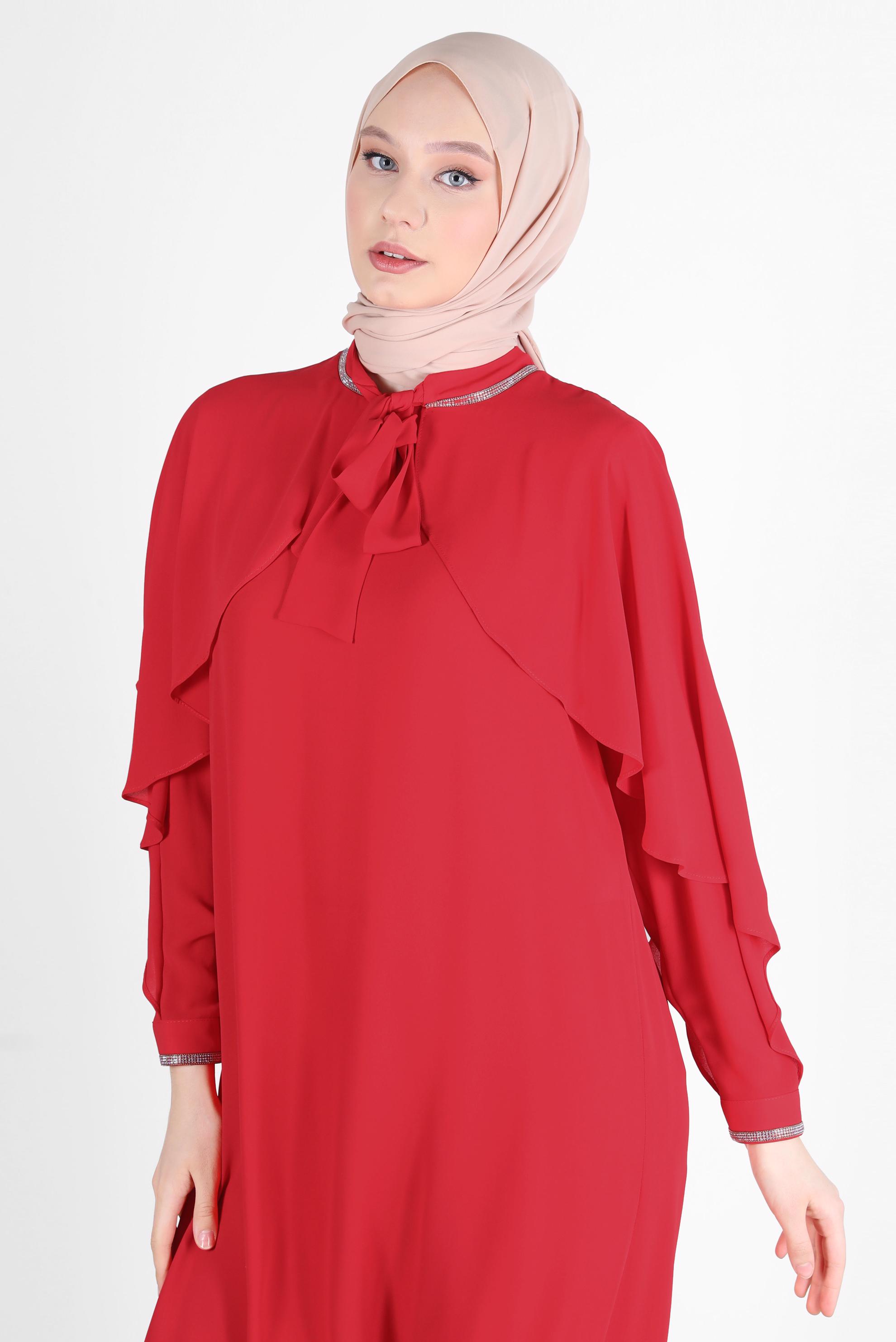 Tesettür giyim MERCAN TAŞ DETAYLI VOLANLI TUNİK 42505 
