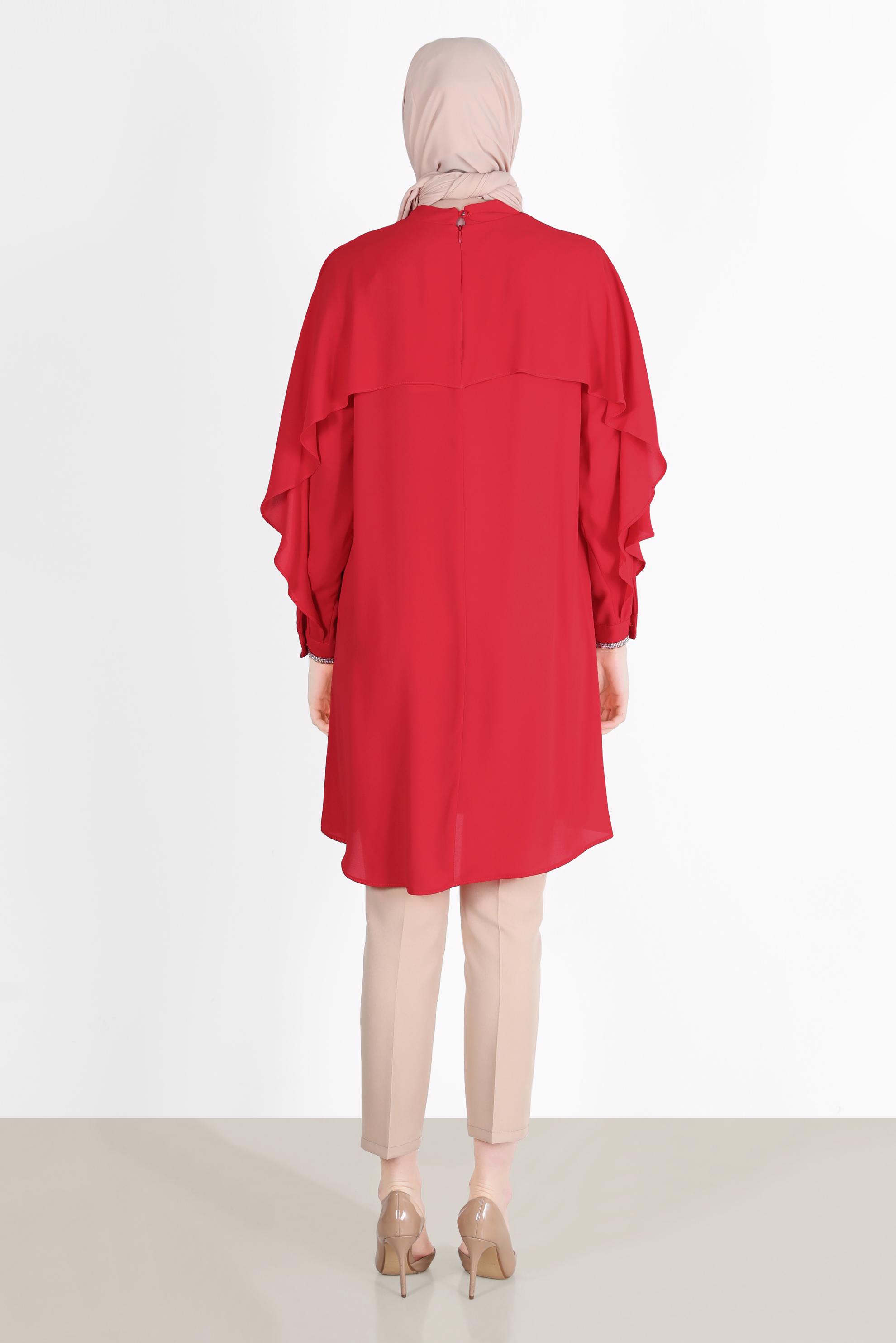 Tesettür giyim MERCAN TAŞ DETAYLI VOLANLI TUNİK 42505 