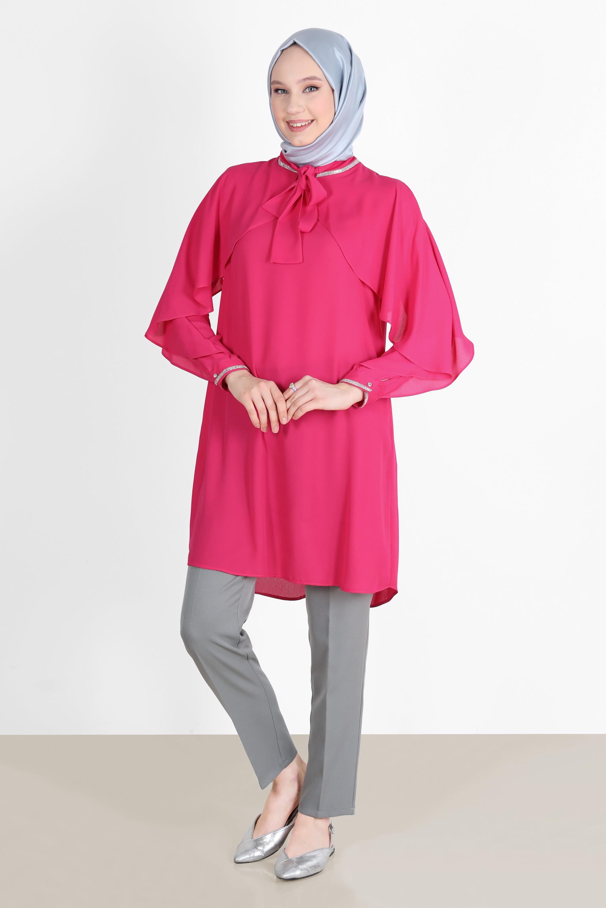 Tesettür giyim FUŞYA TAŞ DETAYLI VOLANLI TUNİK 42505 