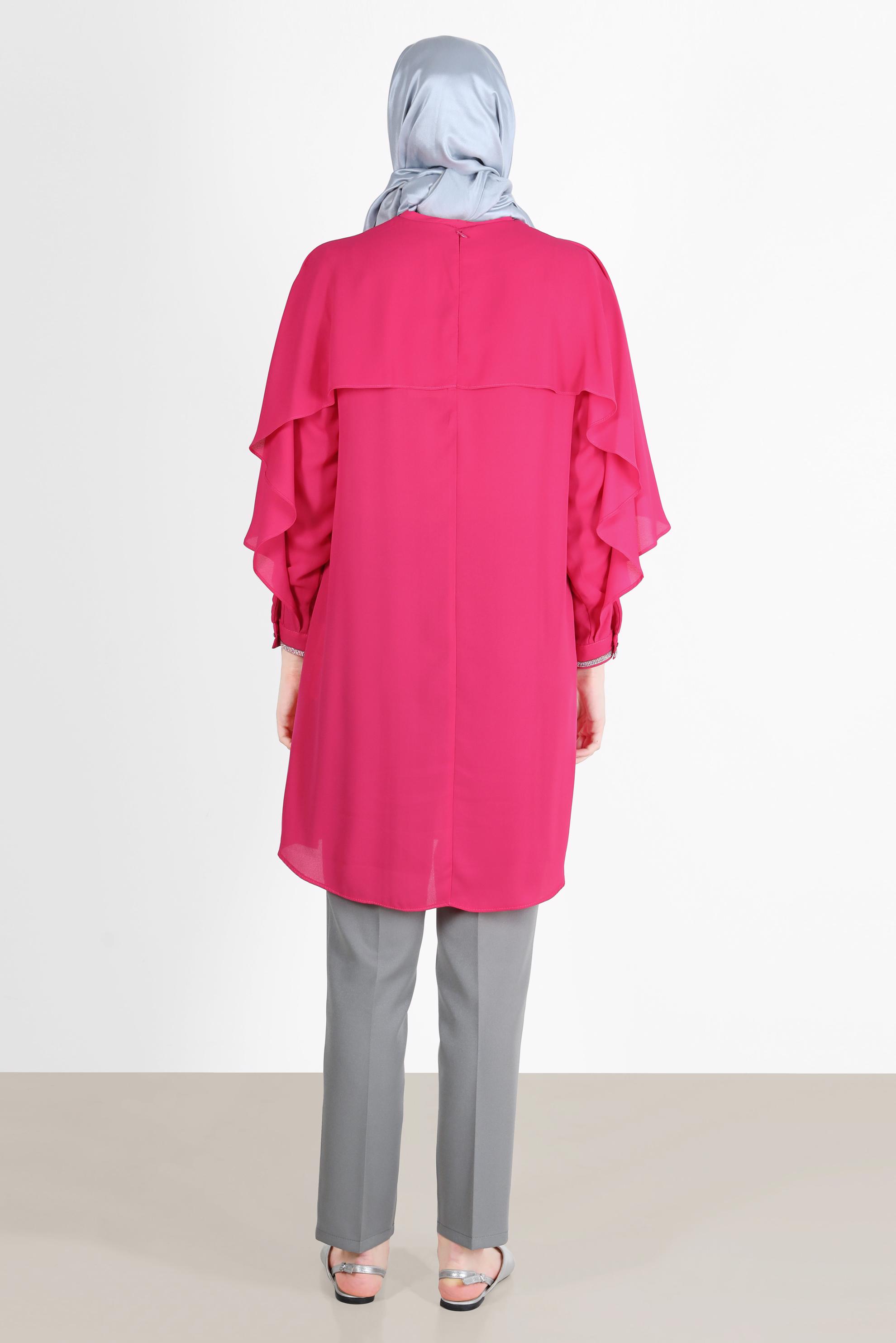 Tesettür giyim FUŞYA TAŞ DETAYLI VOLANLI TUNİK 42505 