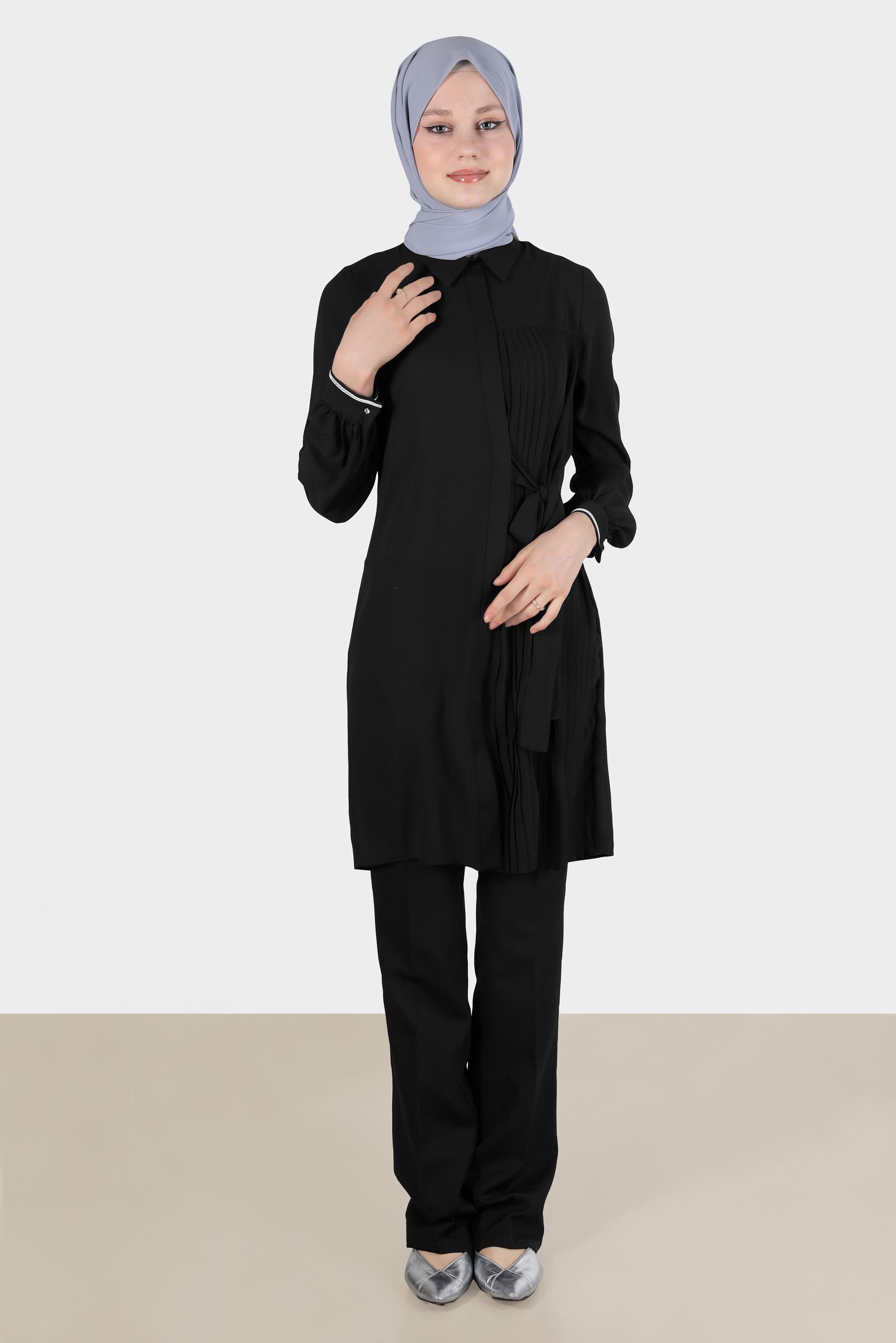 Tesettür giyim SİYAH PİLE DETAYLI BAĞLAMALI TUNİK 42506 