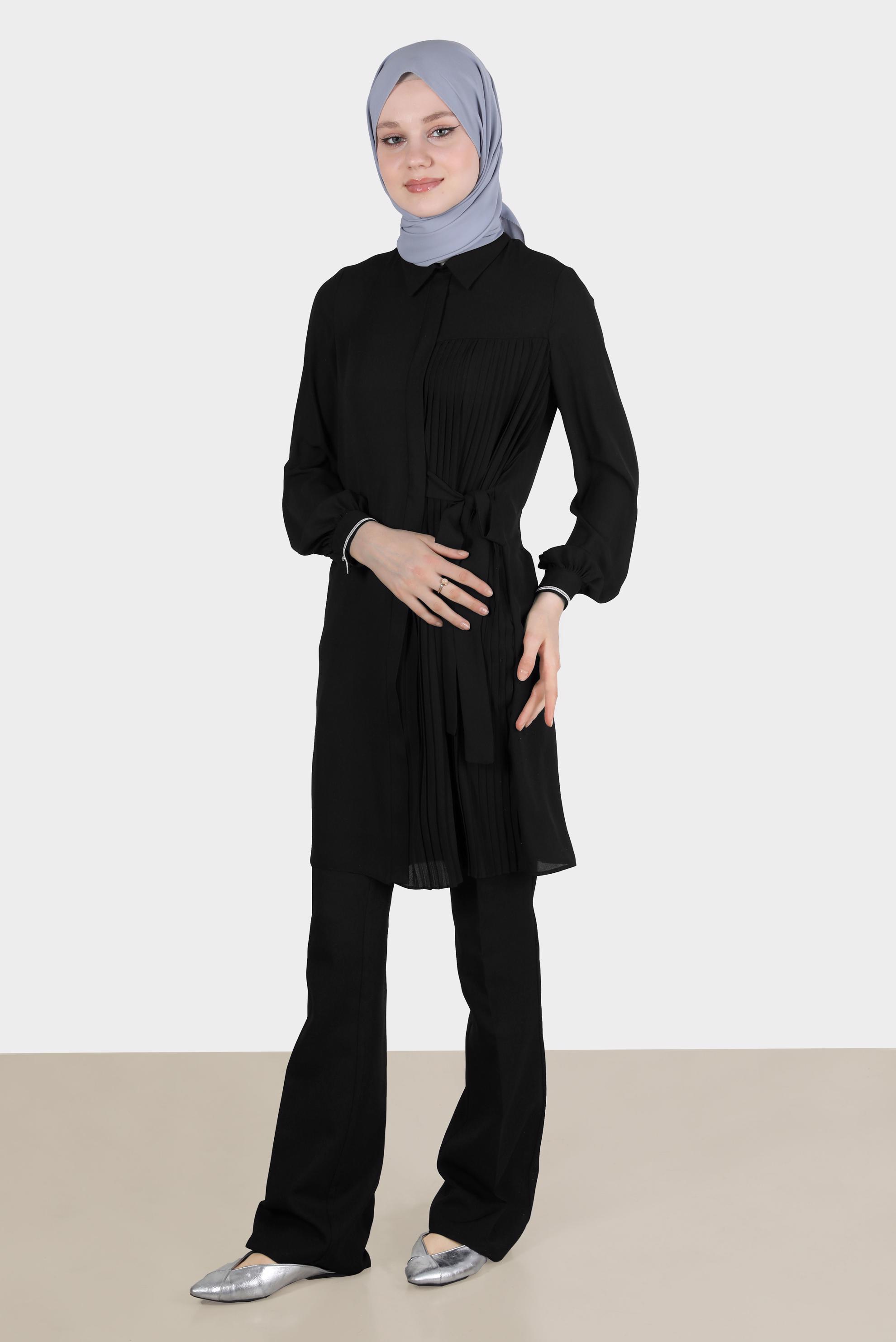 Tesettür giyim SİYAH PİLE DETAYLI BAĞLAMALI TUNİK 42506 