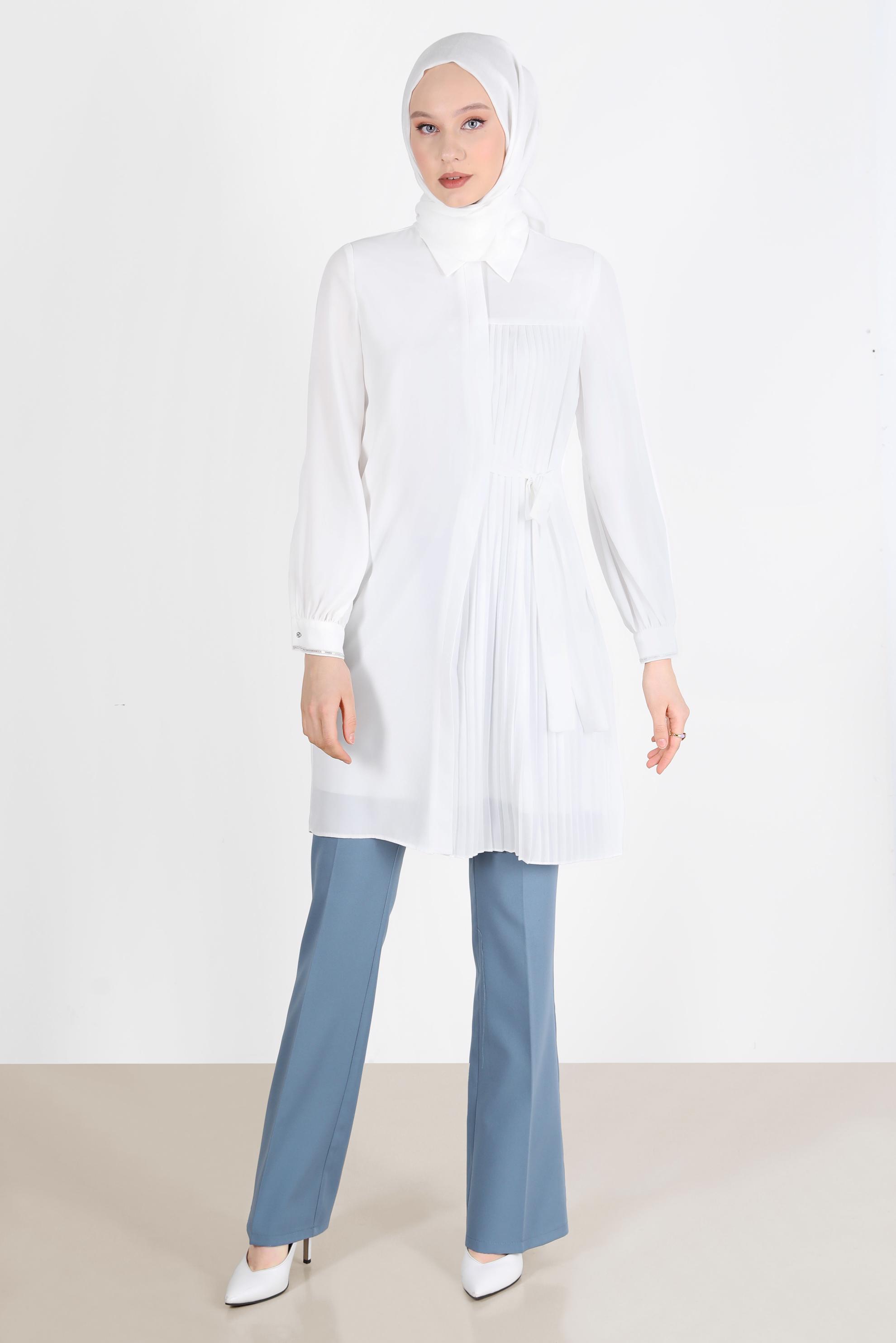 Tesettür giyim BEYAZ PİLE DETAYLI BAĞLAMALI TUNİK 42506 