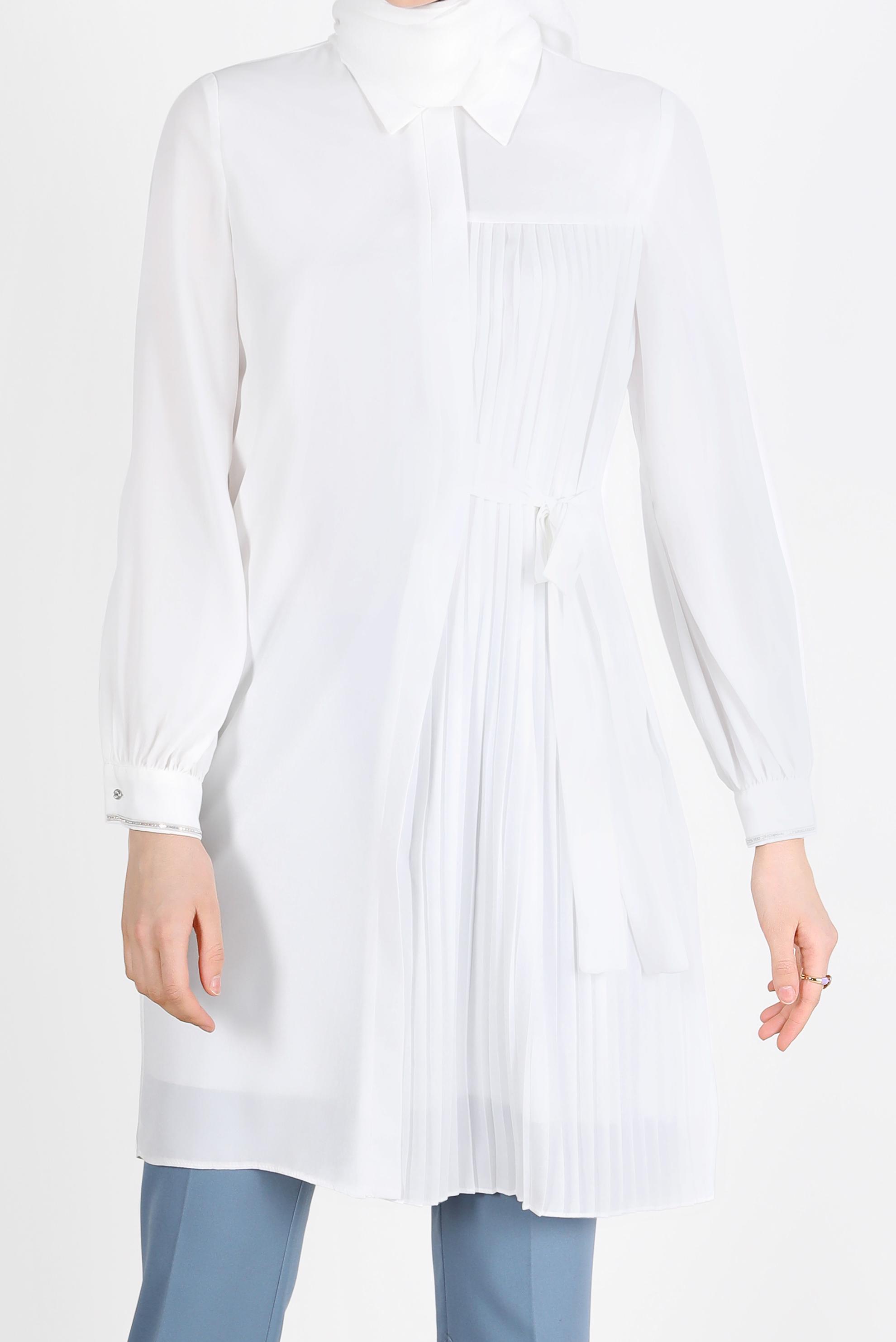 Tesettür giyim BEYAZ PİLE DETAYLI BAĞLAMALI TUNİK 42506 