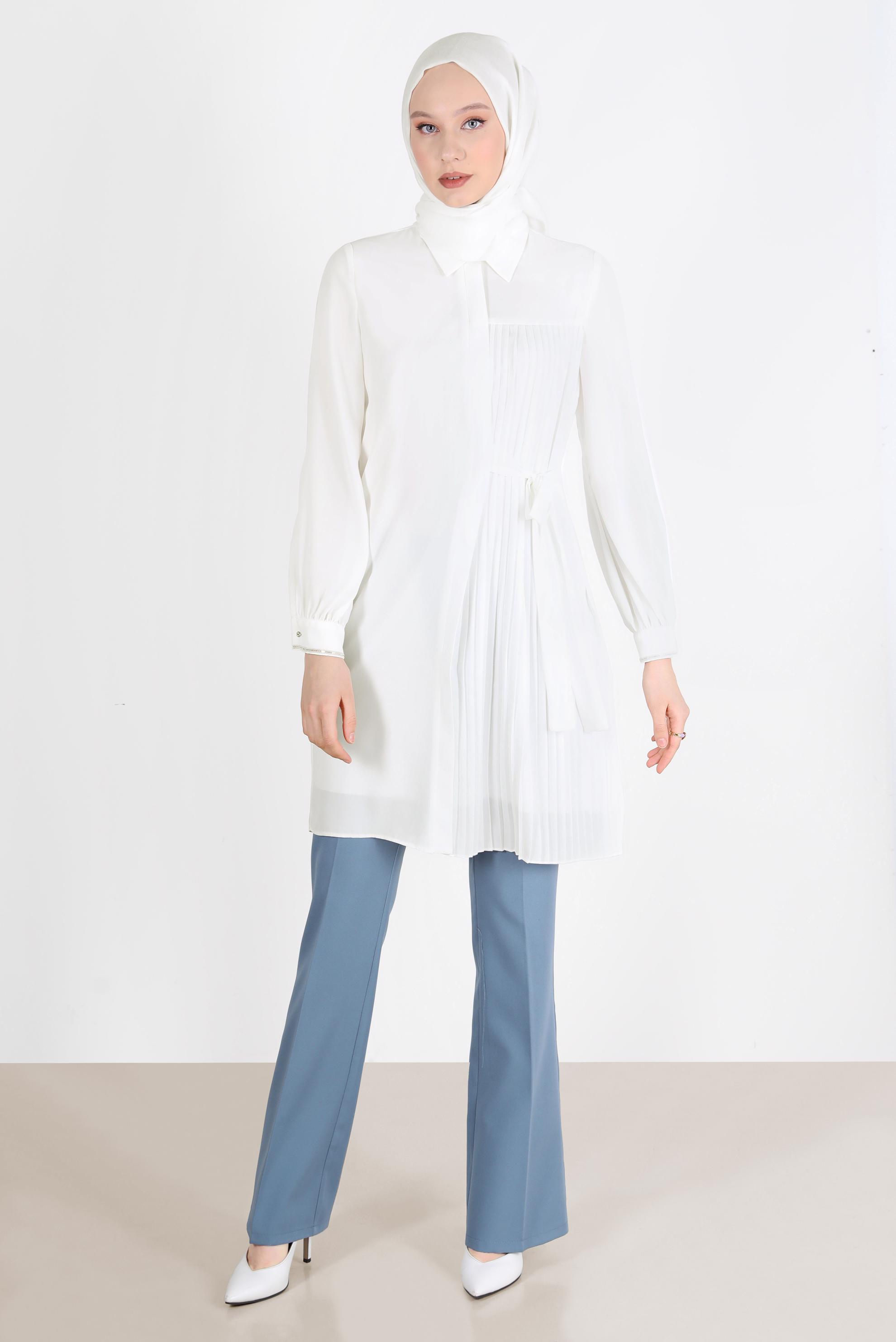 Tesettür giyim BEJ PİLE DETAYLI BAĞLAMALI TUNİK 42506 