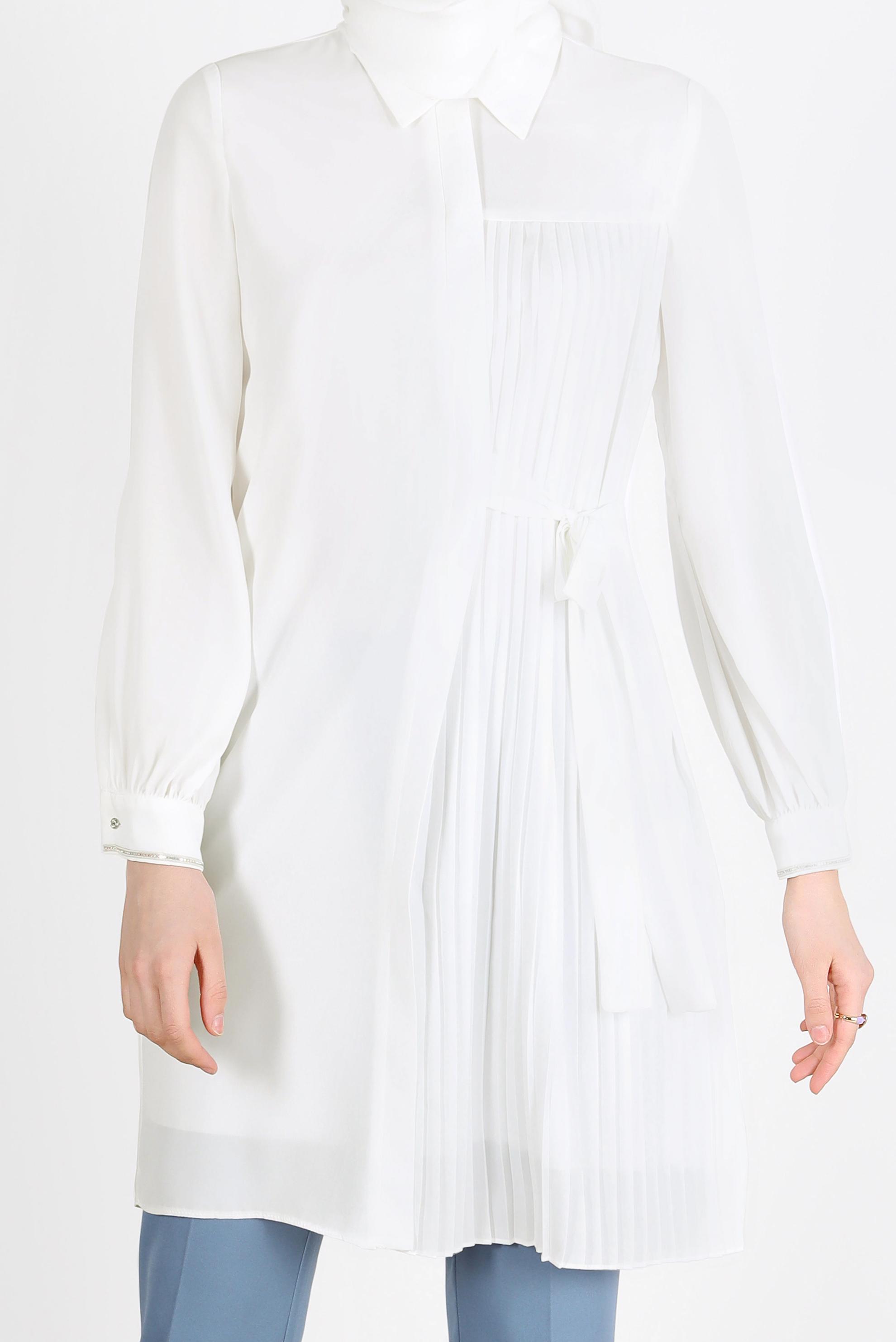 Tesettür giyim BEJ PİLE DETAYLI BAĞLAMALI TUNİK 42506 