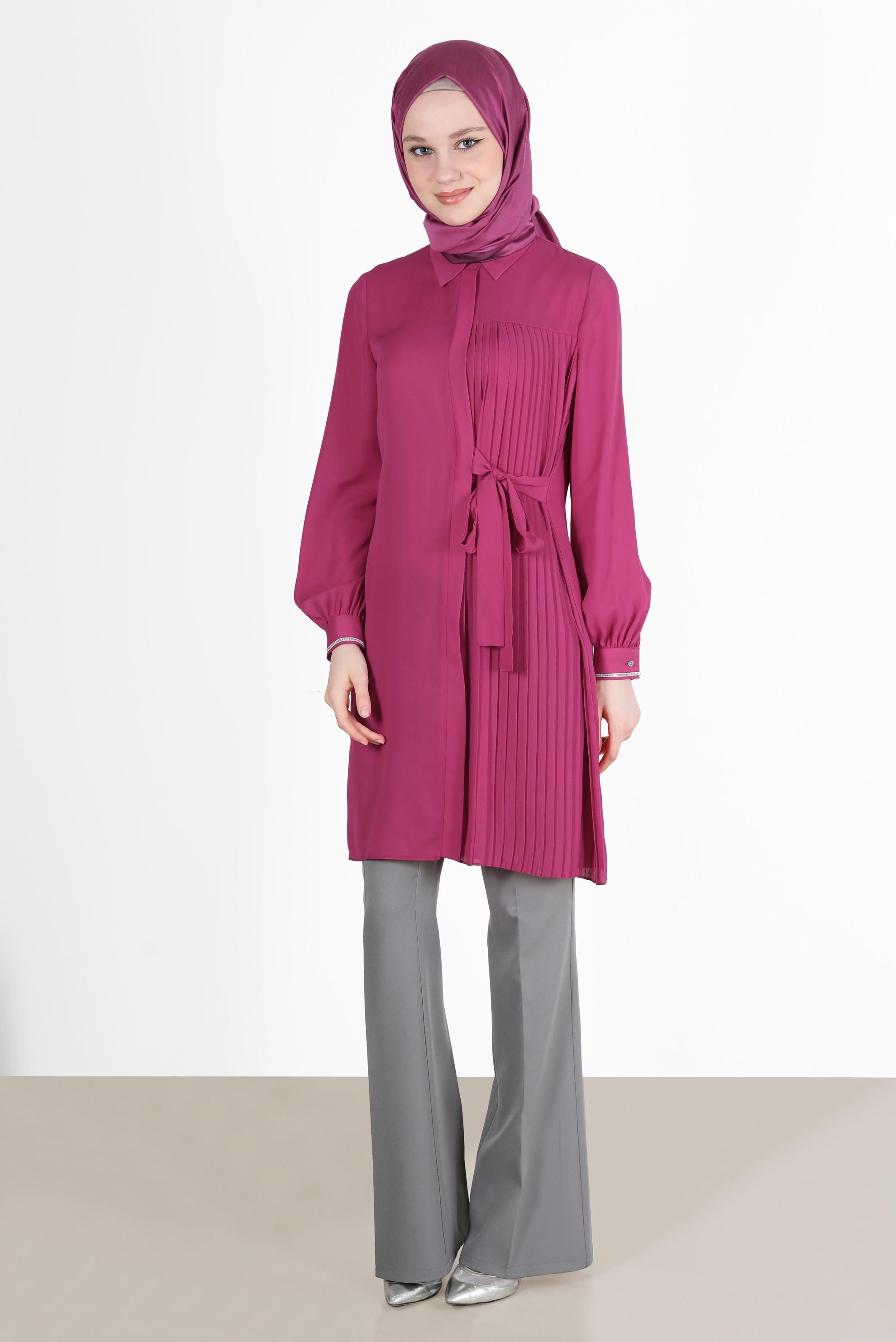 Tesettür giyim FUŞYA PİLE DETAYLI BAĞLAMALI TUNİK 42506 