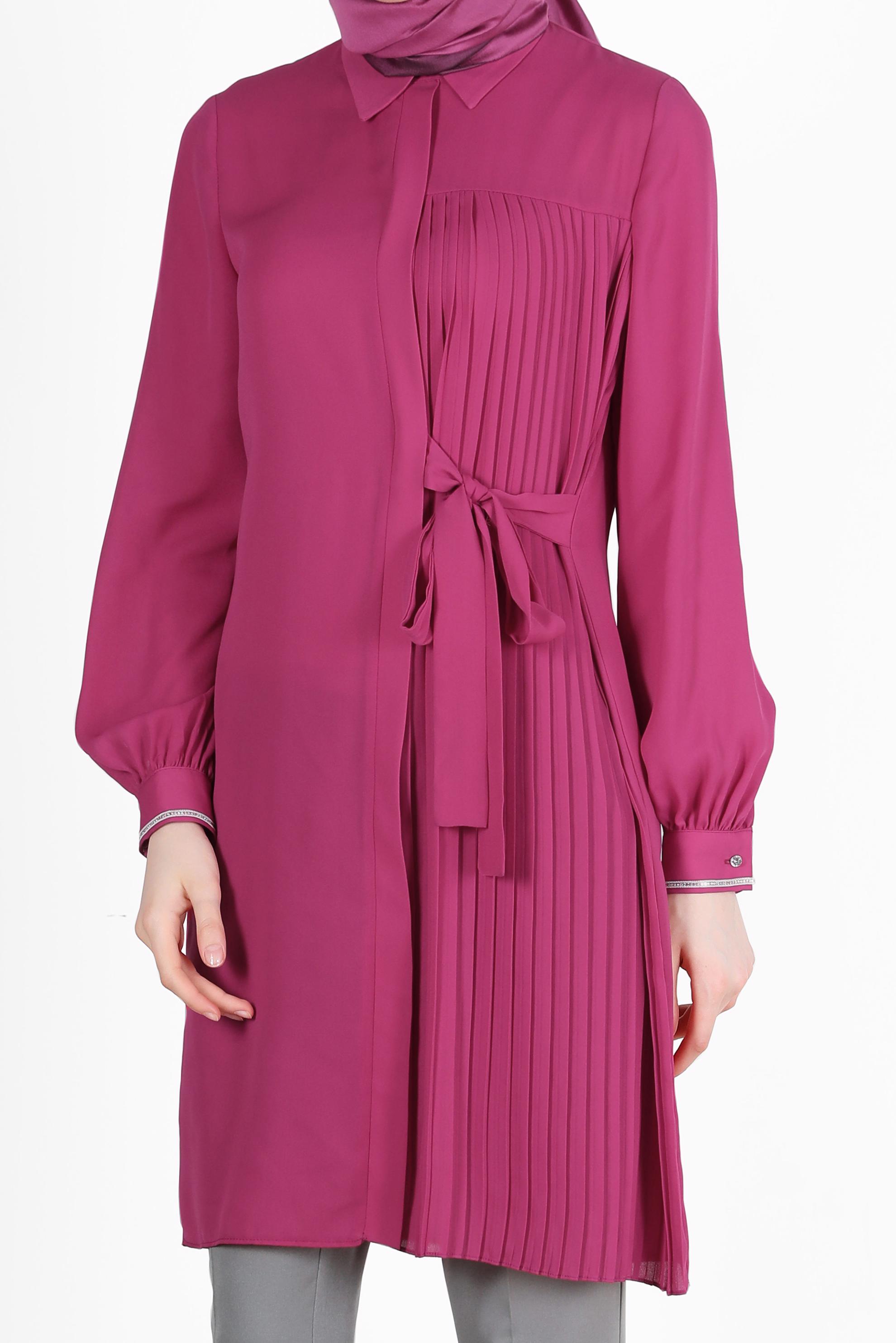 Tesettür giyim FUŞYA PİLE DETAYLI BAĞLAMALI TUNİK 42506 