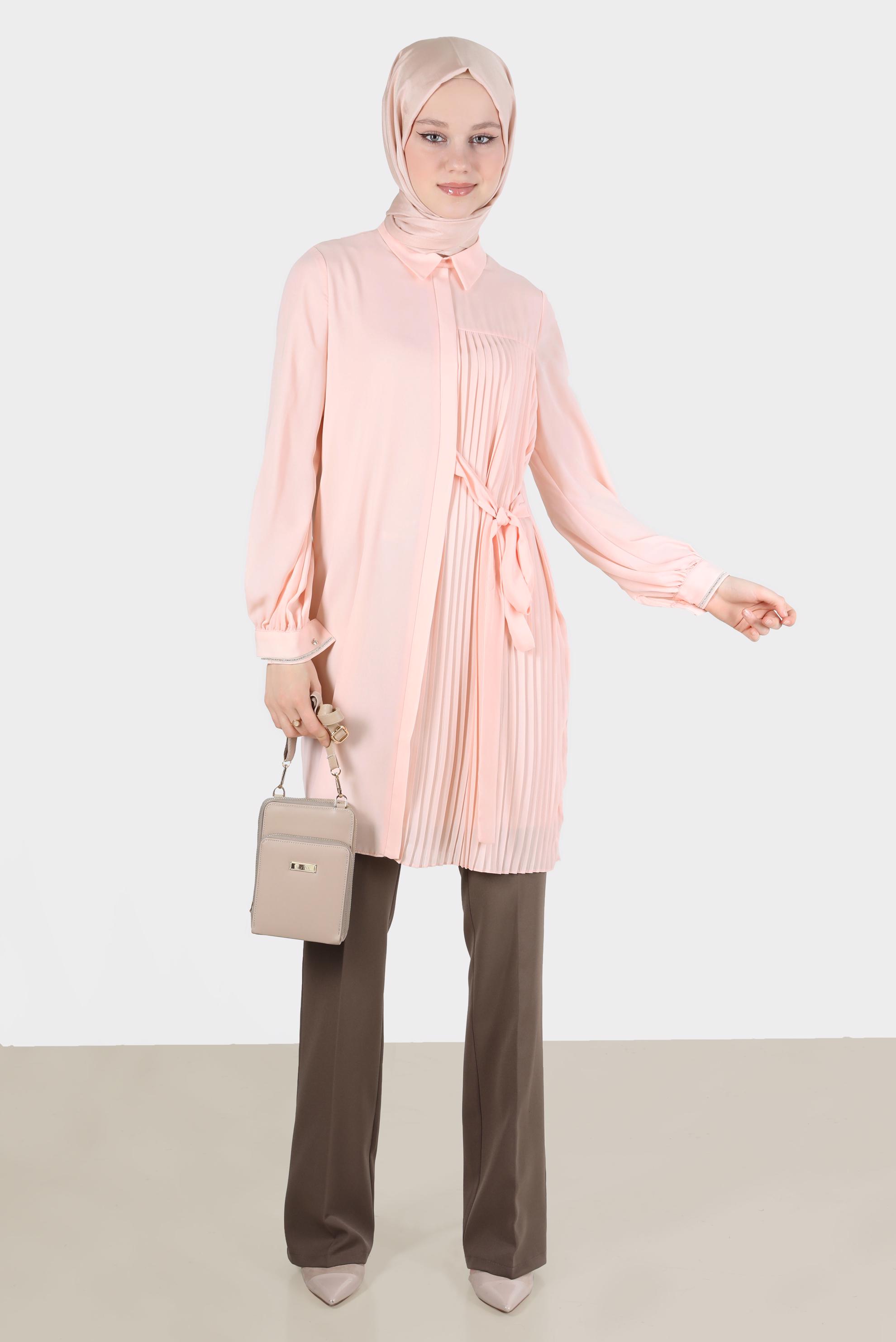 Tesettür giyim PUDRA PİLE DETAYLI BAĞLAMALI TUNİK 42506 