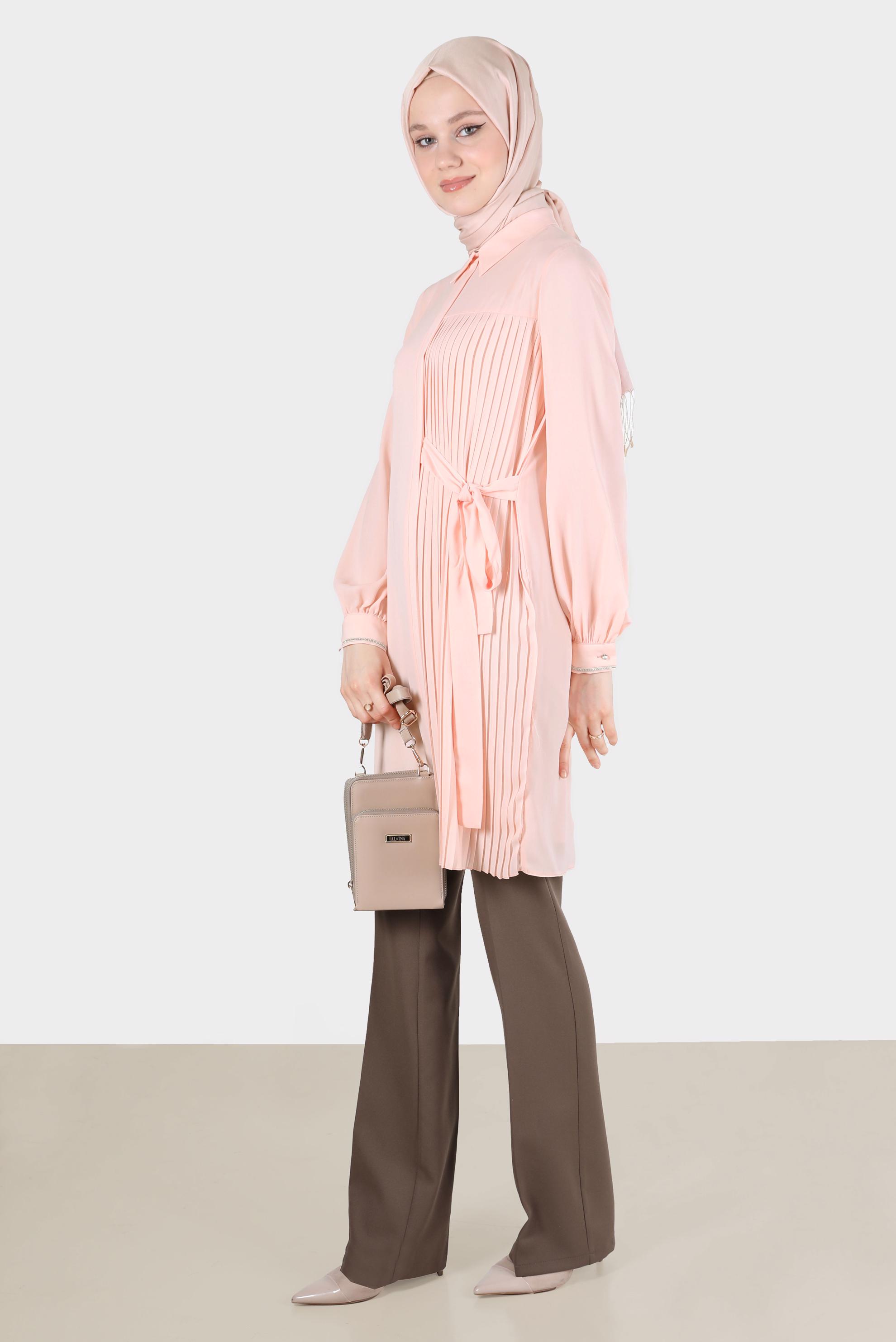 Tesettür giyim PUDRA PİLE DETAYLI BAĞLAMALI TUNİK 42506 
