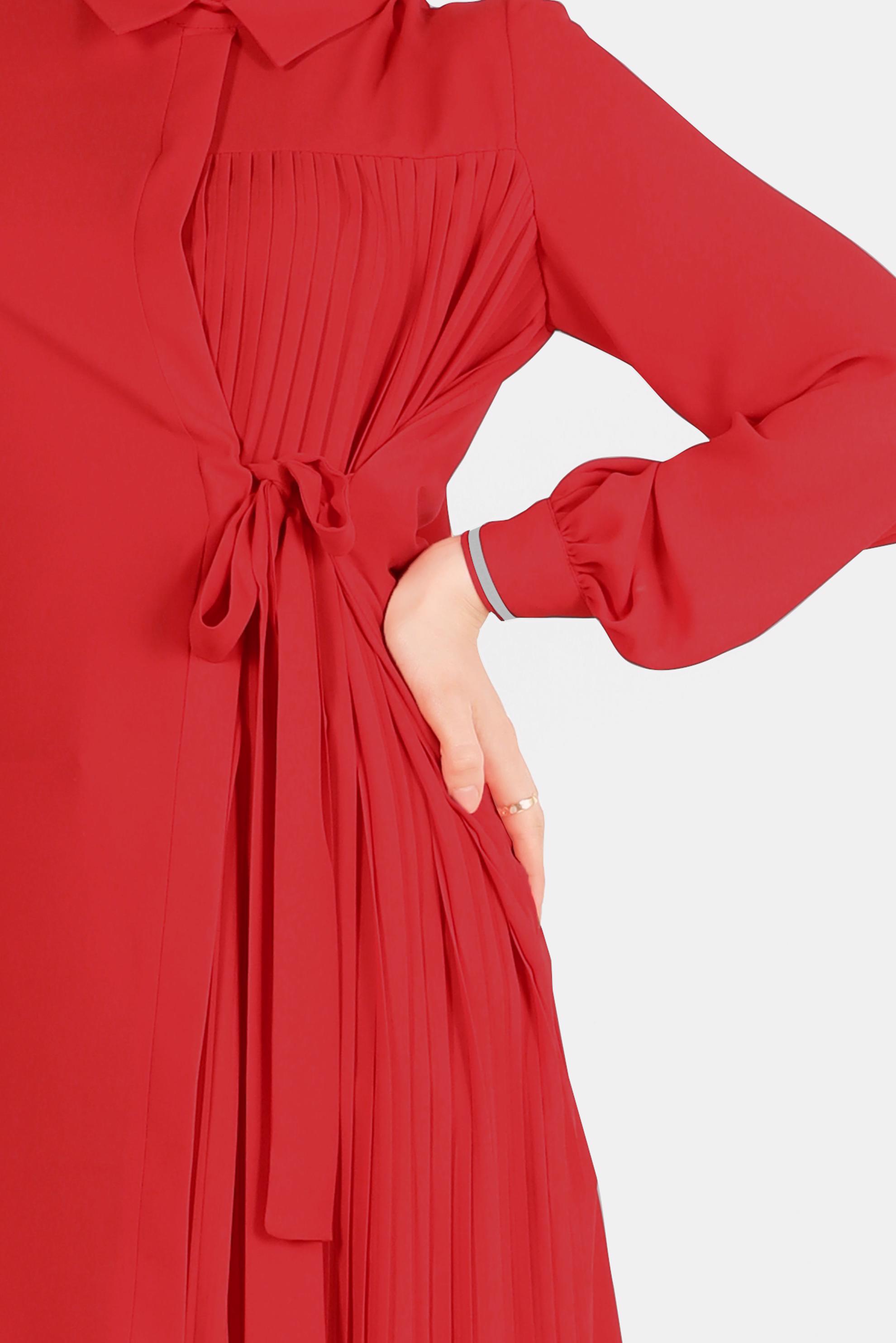 Tesettür giyim KIRMIZI PİLE DETAYLI BAĞLAMALI TUNİK 42506 