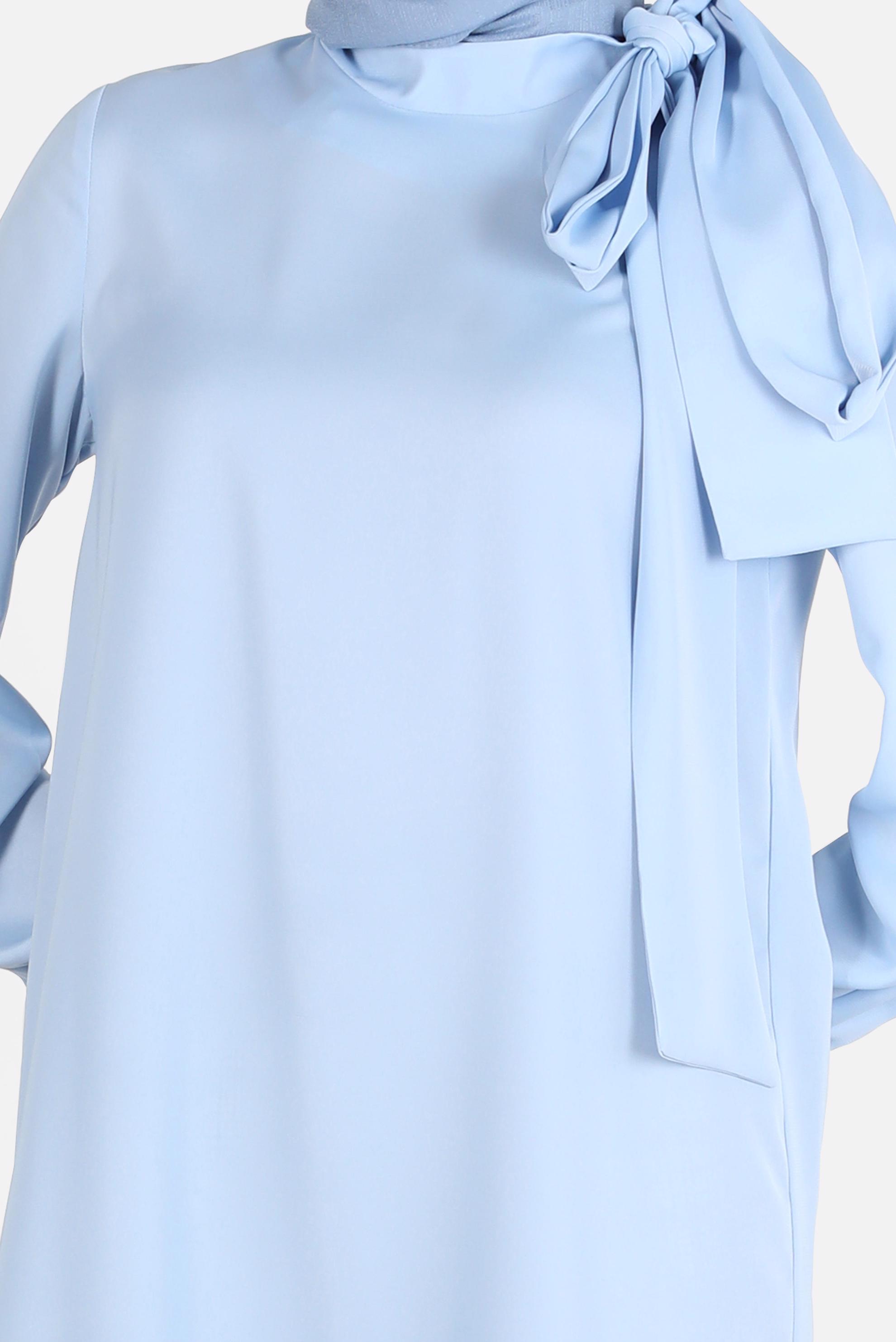 Tesettür giyim MAVİ BAĞLAMA DETAYLI FERMUARLI SATEN TUNİK 42507	