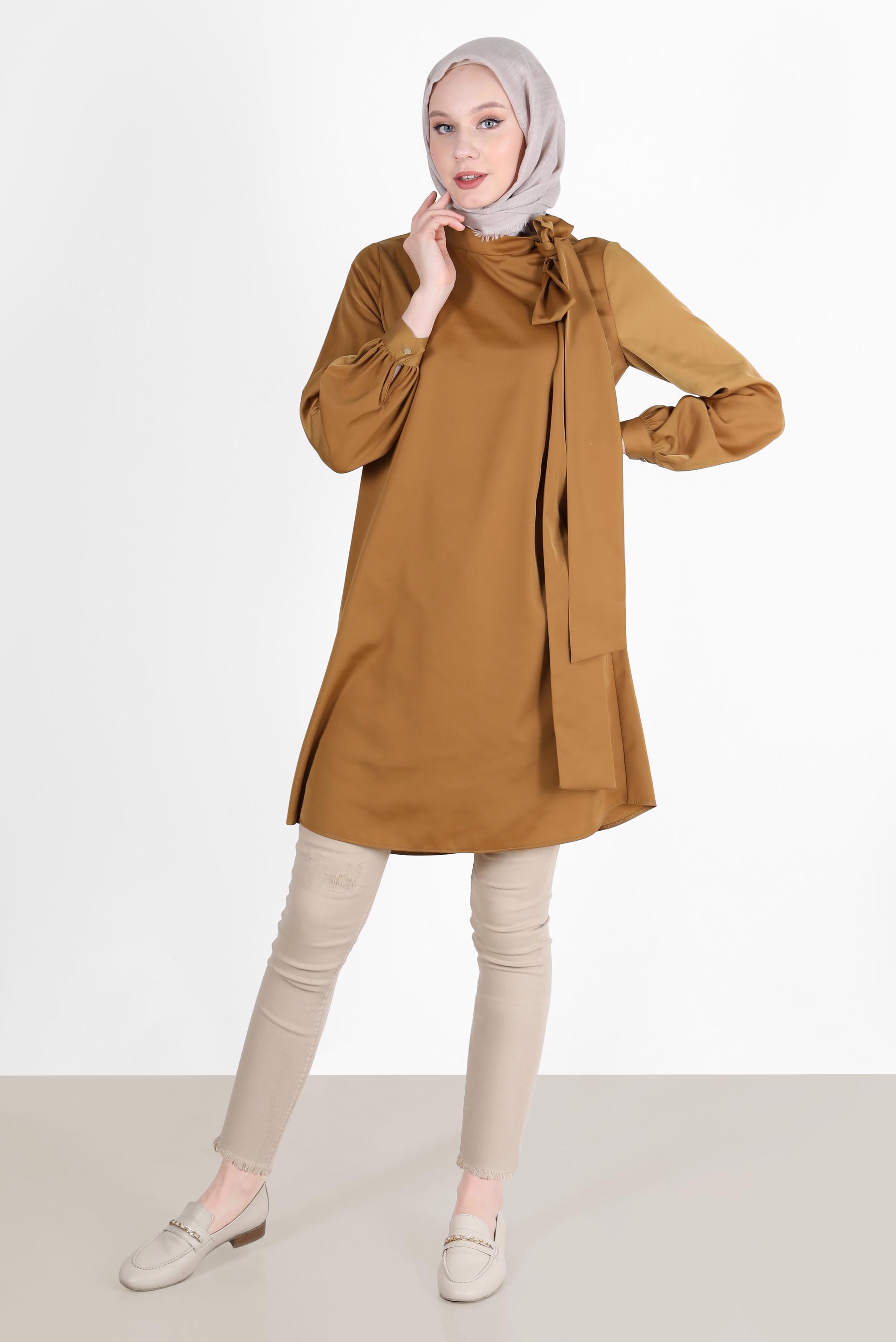 Tesettür giyim SARI BAĞLAMA DETAYLI FERMUARLI SATEN TUNİK 42507	