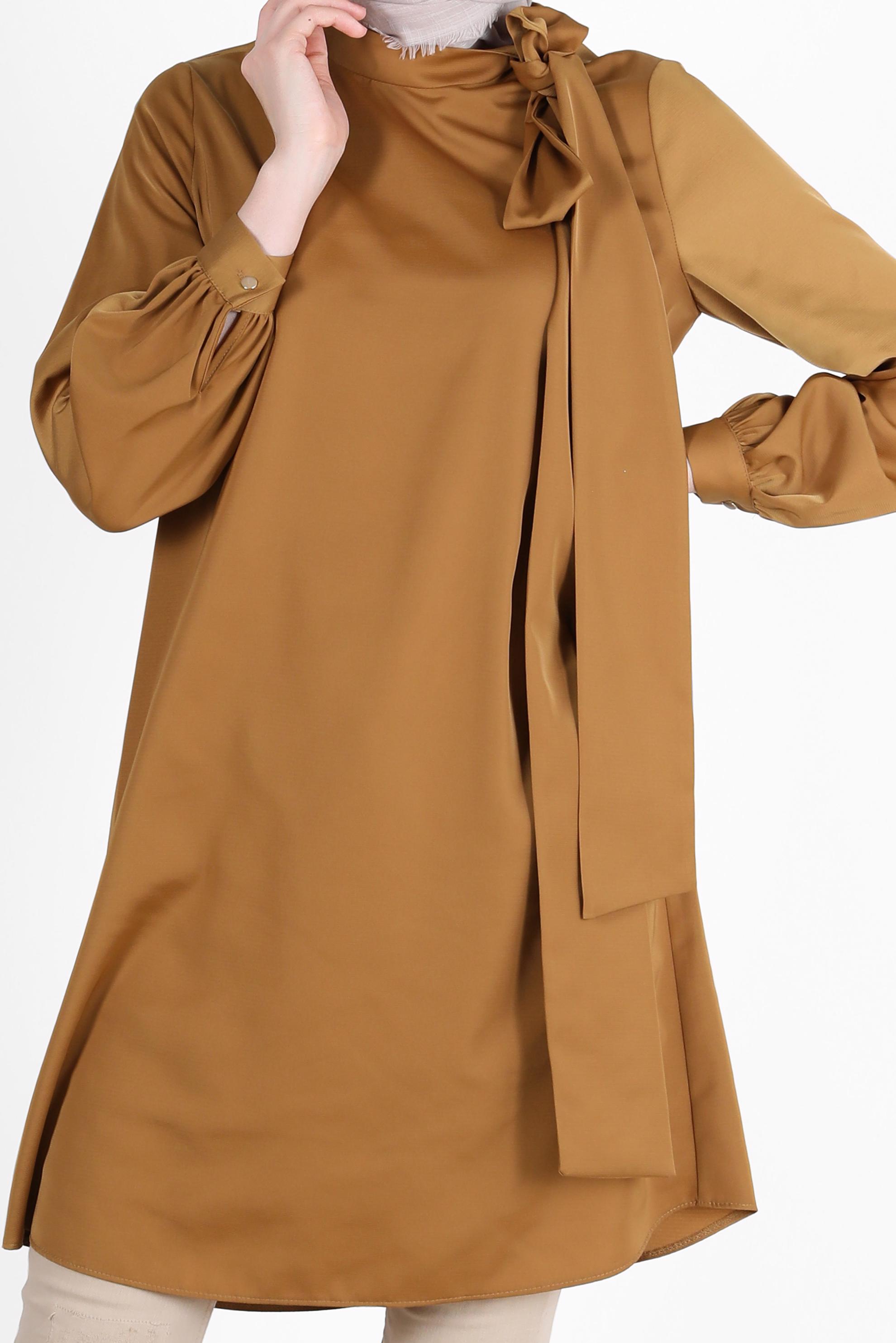 Tesettür giyim SARI BAĞLAMA DETAYLI FERMUARLI SATEN TUNİK 42507	