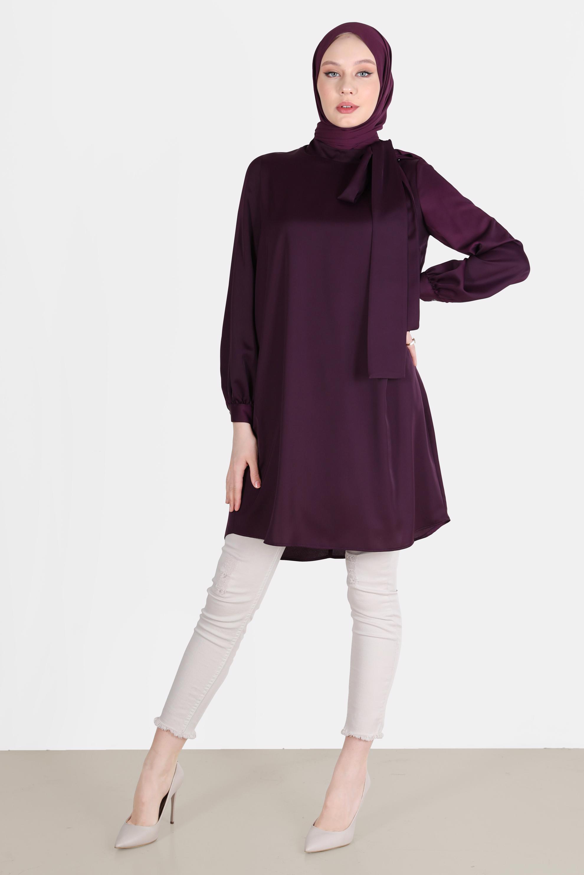Tesettür giyim MOR BAĞLAMA DETAYLI FERMUARLI SATEN TUNİK 42507	
