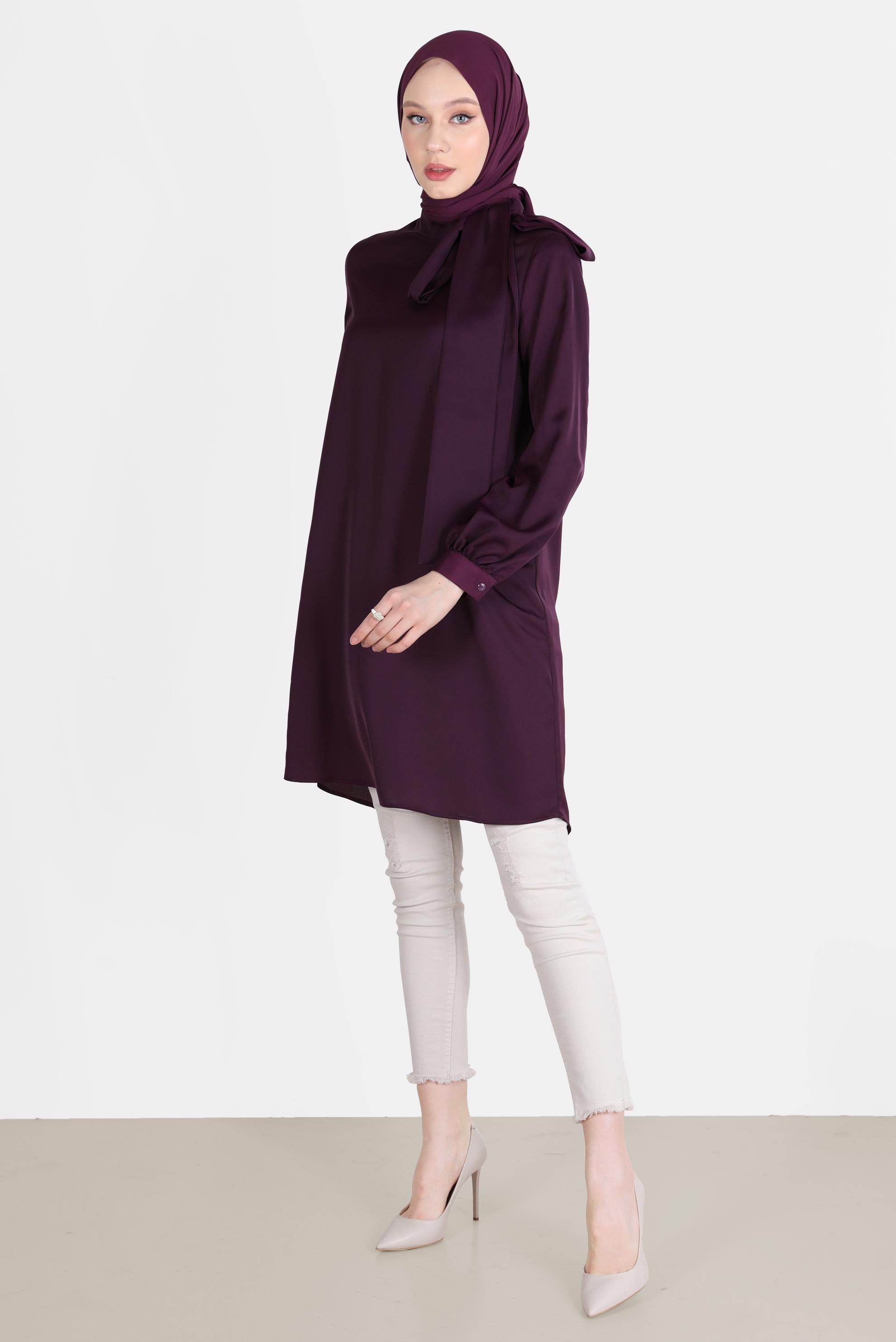 Tesettür giyim MOR BAĞLAMA DETAYLI FERMUARLI SATEN TUNİK 42507	