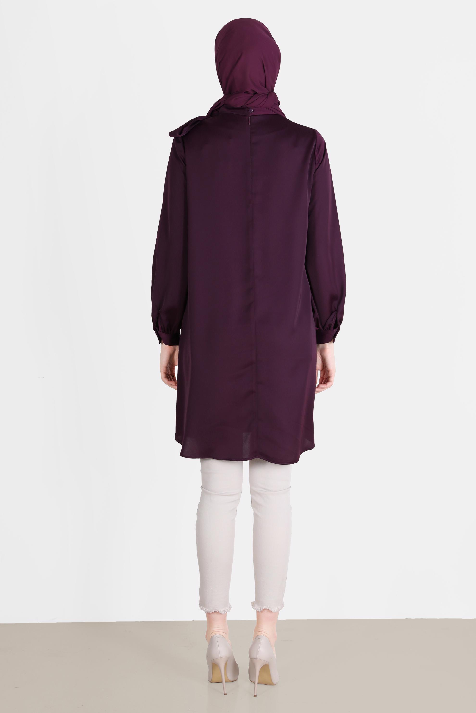 Tesettür giyim MOR BAĞLAMA DETAYLI FERMUARLI SATEN TUNİK 42507	