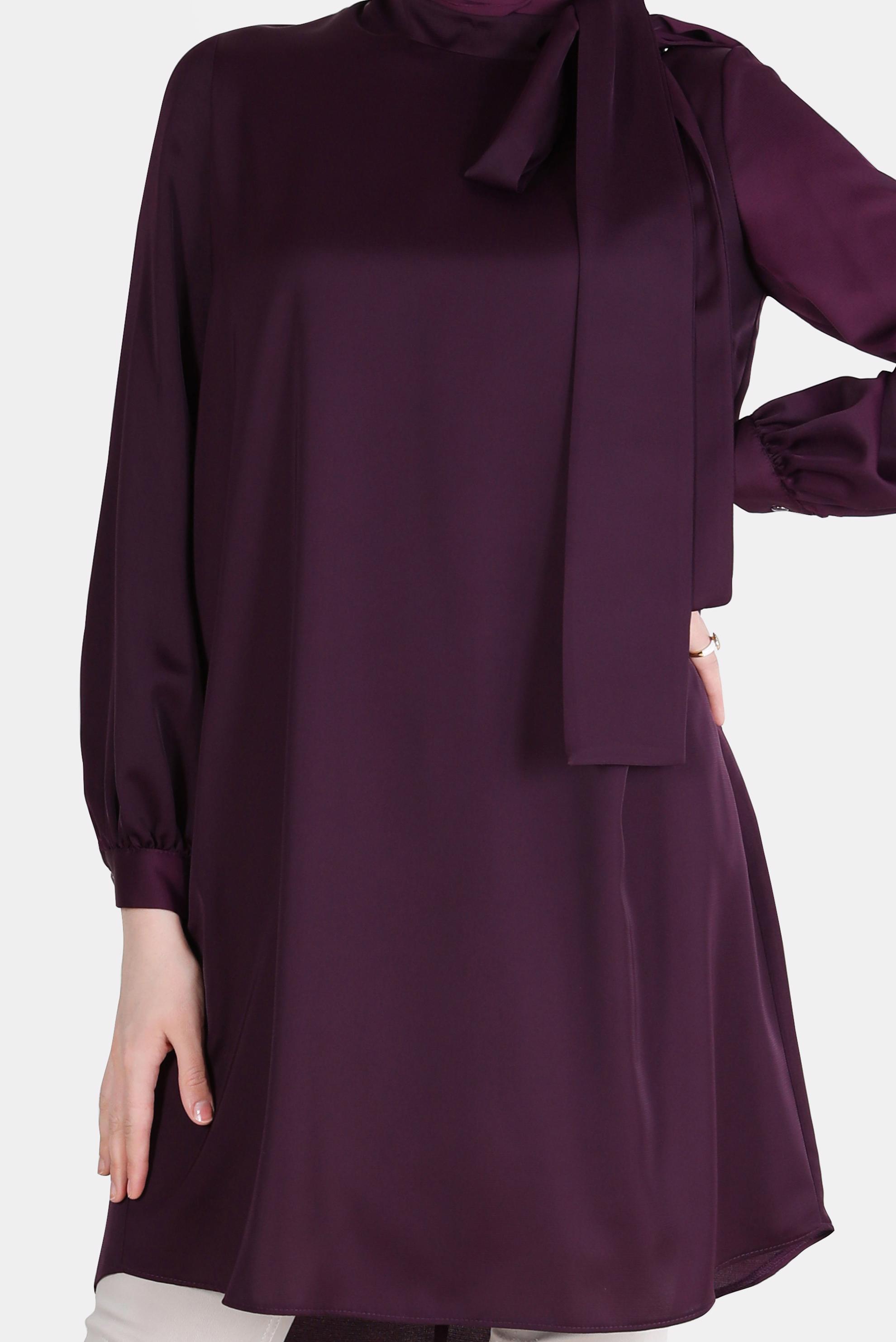 Tesettür giyim MOR BAĞLAMA DETAYLI FERMUARLI SATEN TUNİK 42507	