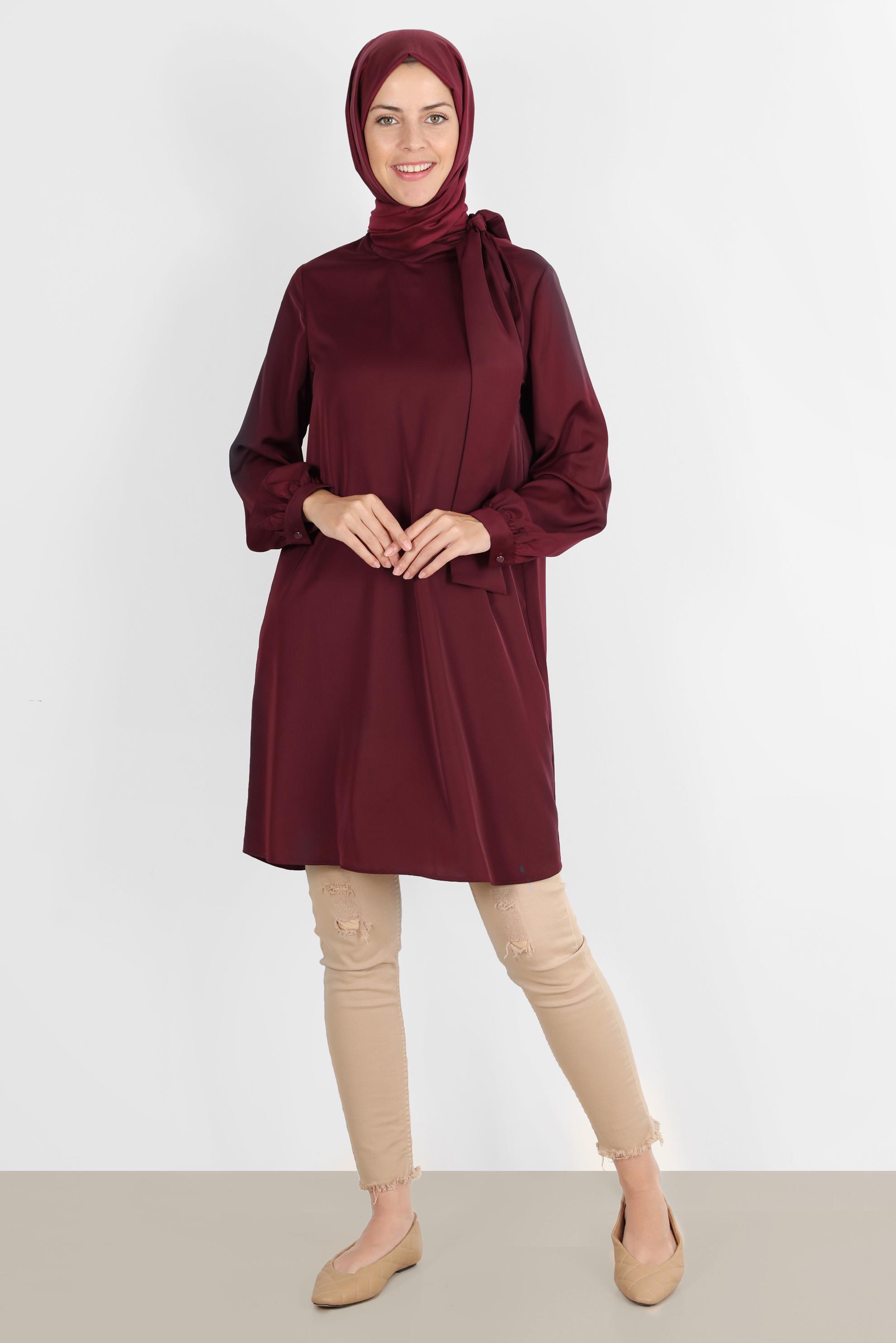 Tesettür giyim BORDO BAĞLAMA DETAYLI FERMUARLI SATEN TUNİK 42507	