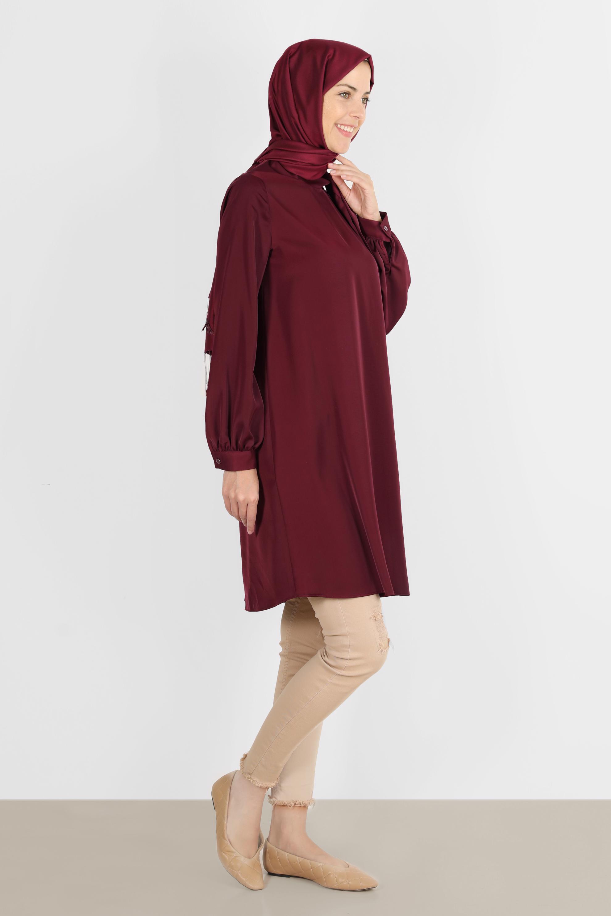 Tesettür giyim BORDO BAĞLAMA DETAYLI FERMUARLI SATEN TUNİK 42507	