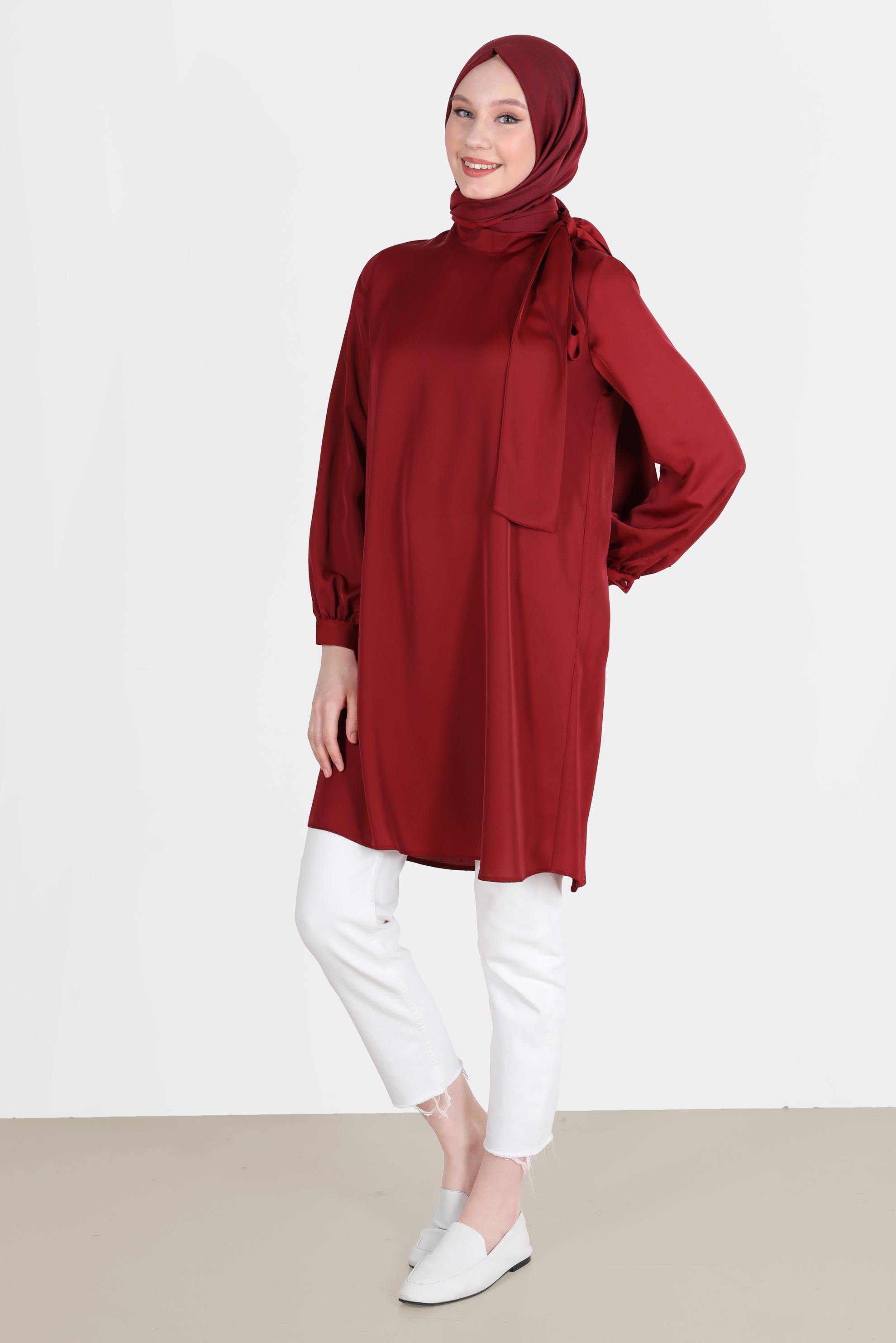 Tesettür giyim KIRMIZI BAĞLAMA DETAYLI FERMUARLI SATEN TUNİK 42507	