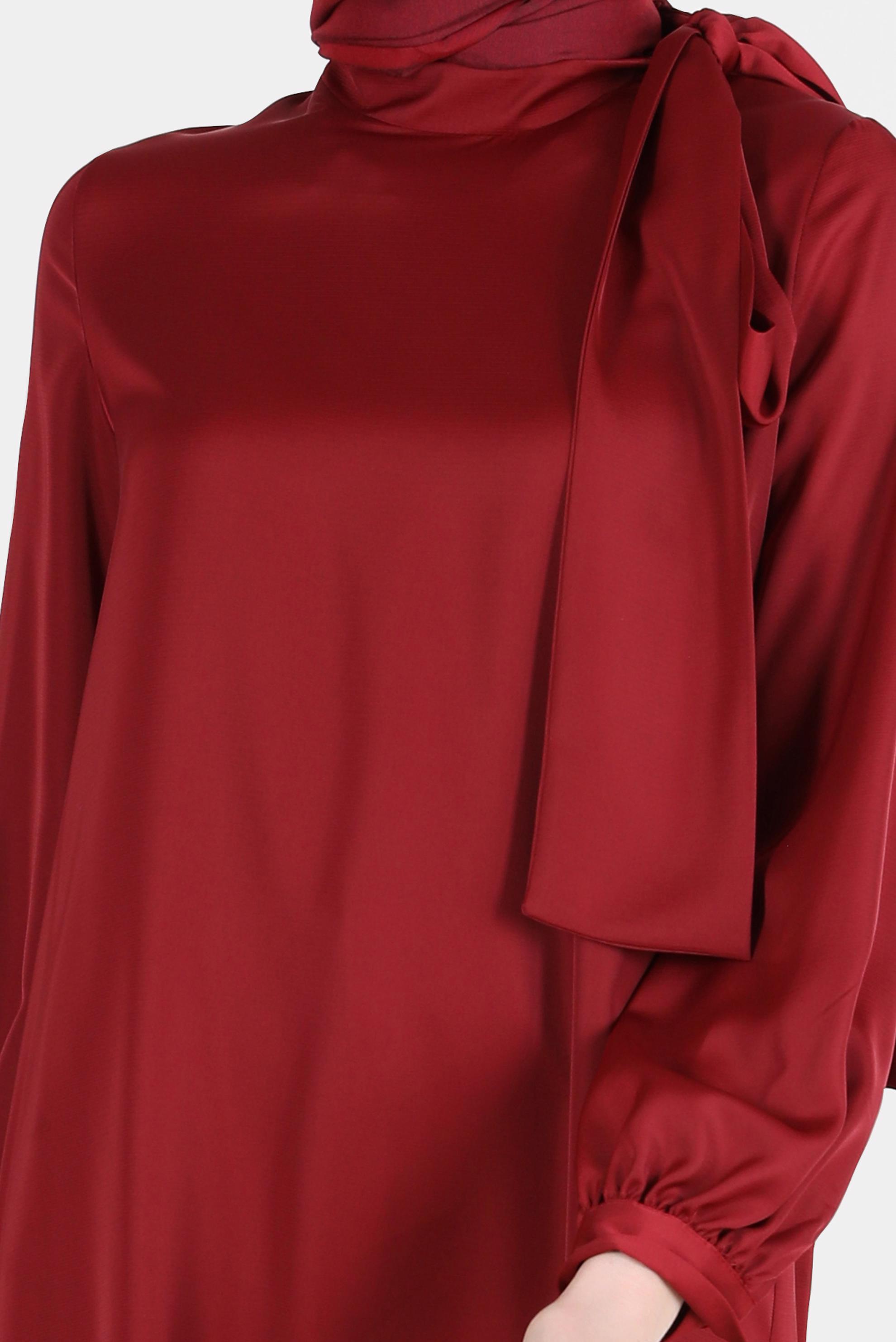 Tesettür giyim KIRMIZI BAĞLAMA DETAYLI FERMUARLI SATEN TUNİK 42507	