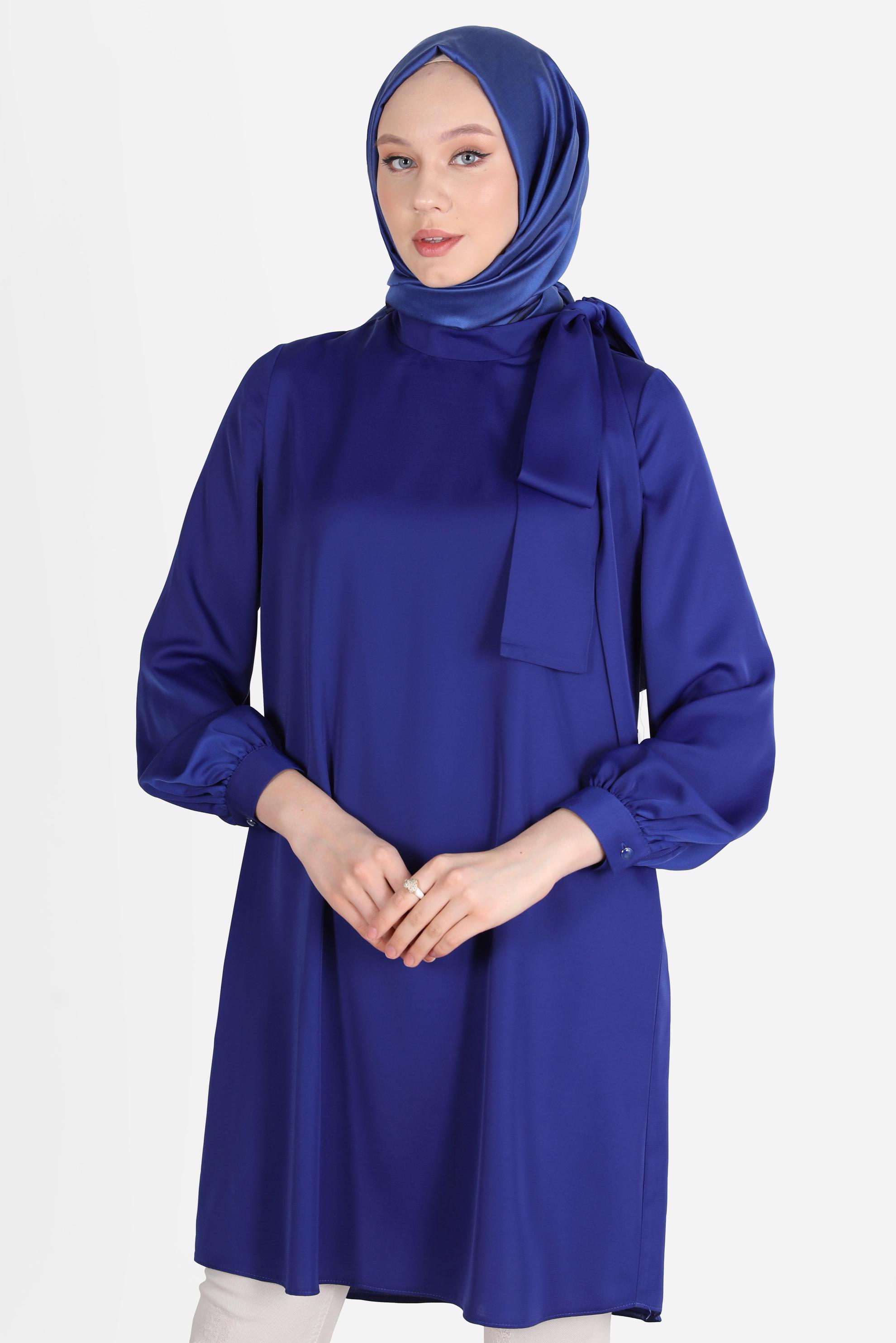 Tesettür giyim LACİVERT BAĞLAMA DETAYLI FERMUARLI SATEN TUNİK 42507	