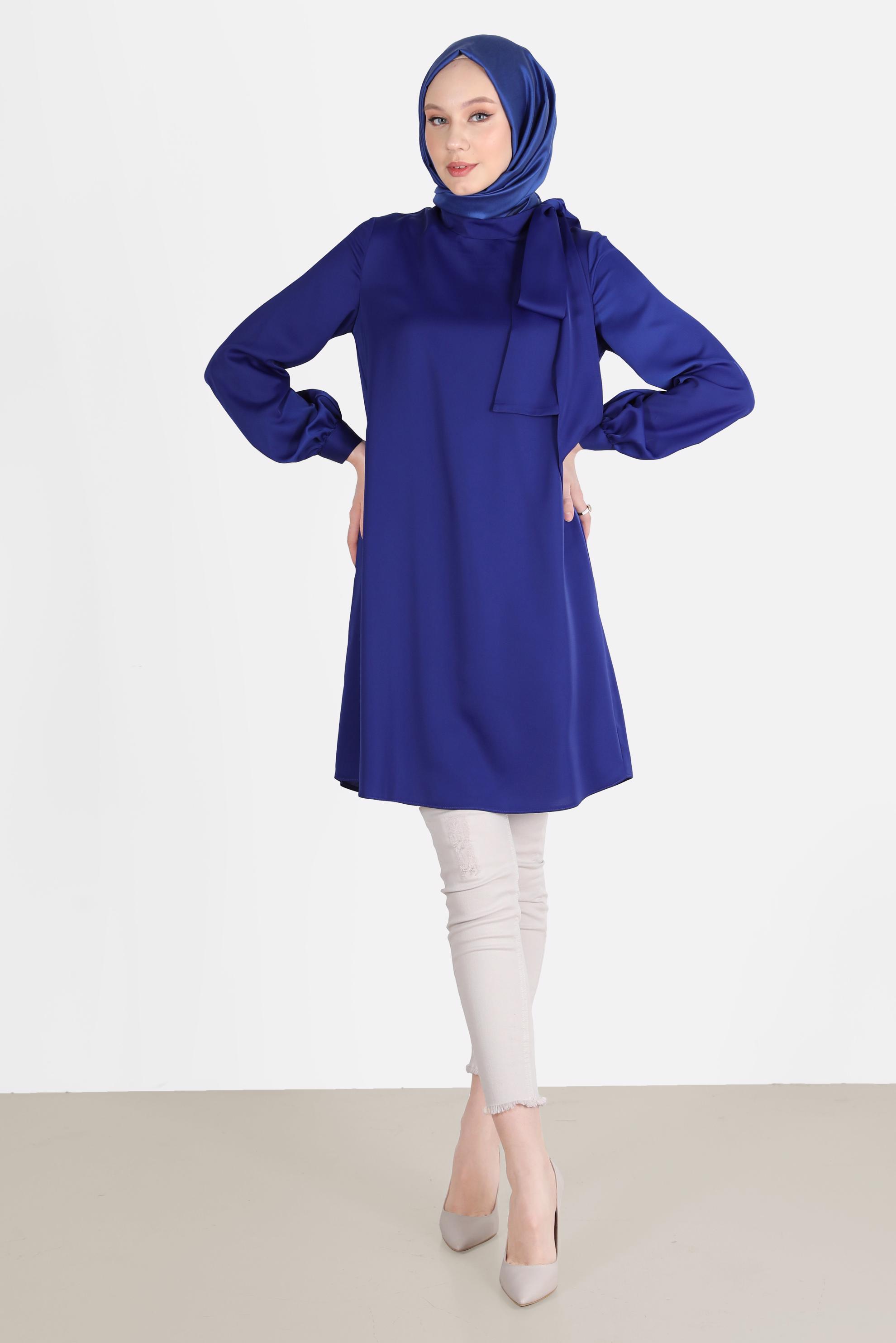 Tesettür giyim LACİVERT BAĞLAMA DETAYLI FERMUARLI SATEN TUNİK 42507	