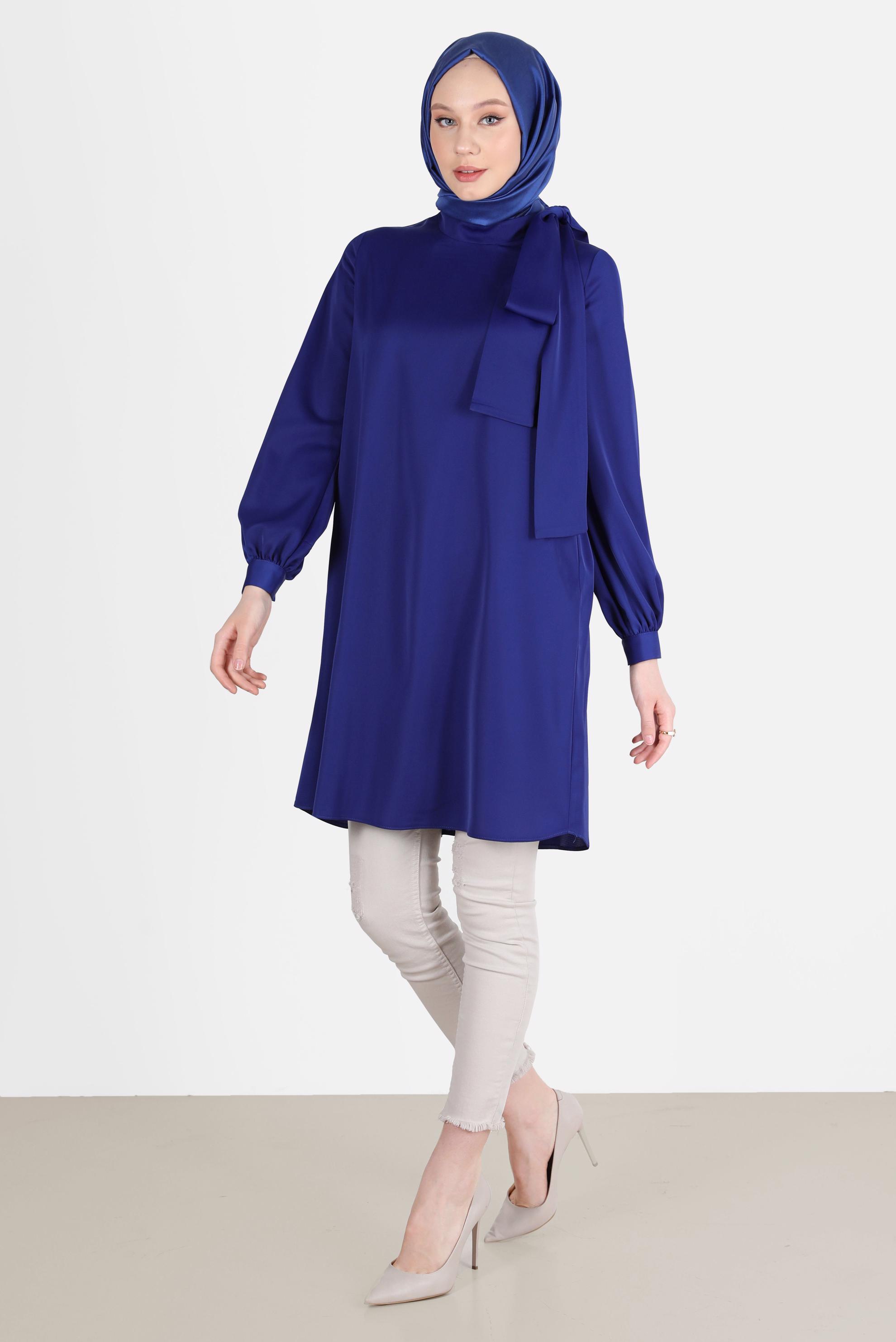 Tesettür giyim LACİVERT BAĞLAMA DETAYLI FERMUARLI SATEN TUNİK 42507	