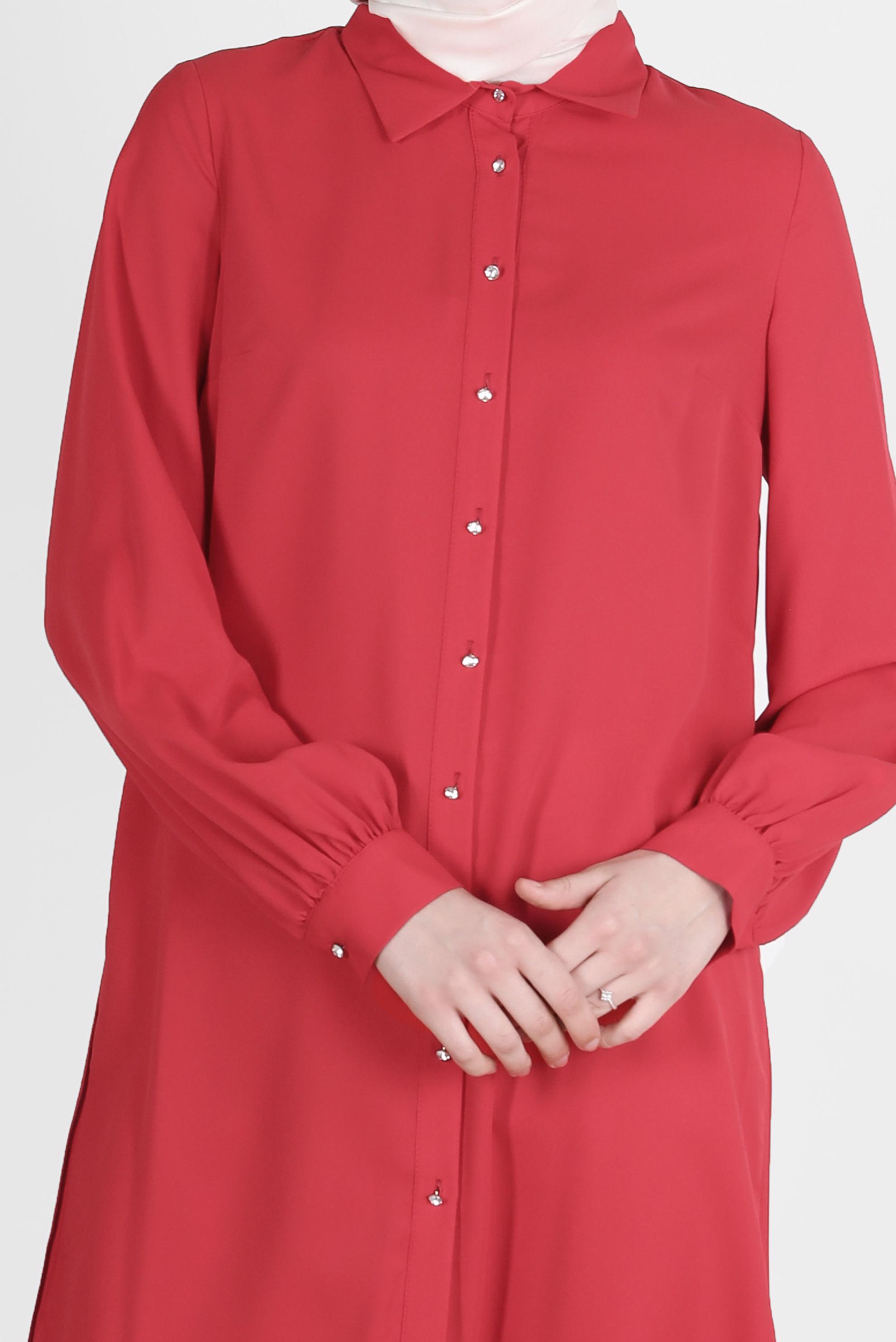 Tesettür giyim KIRMIZI ARKASI PİLE DETAYLI TUNİK 42520 