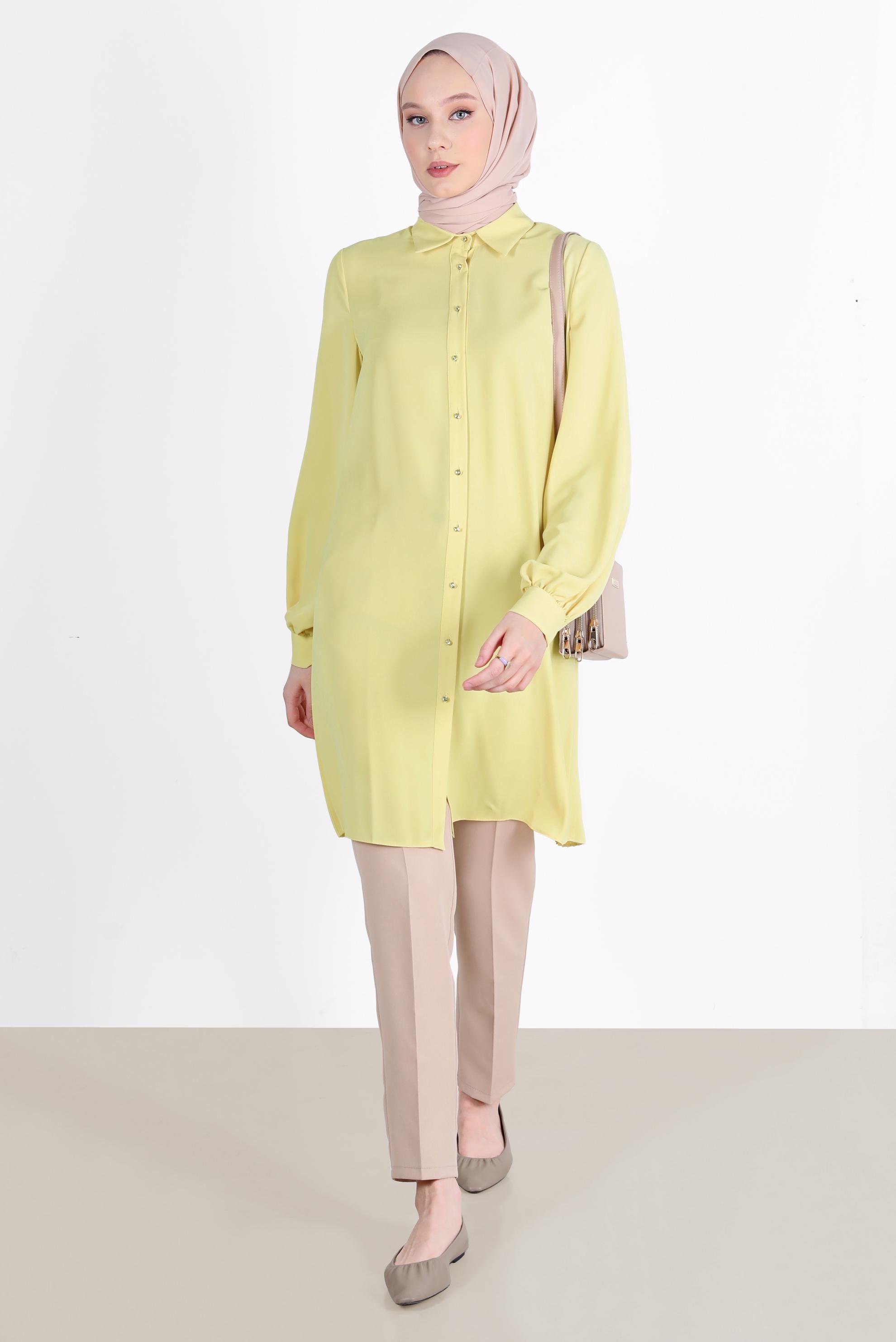 Tesettür giyim SARI ARKASI PİLE DETAYLI TUNİK 42520 