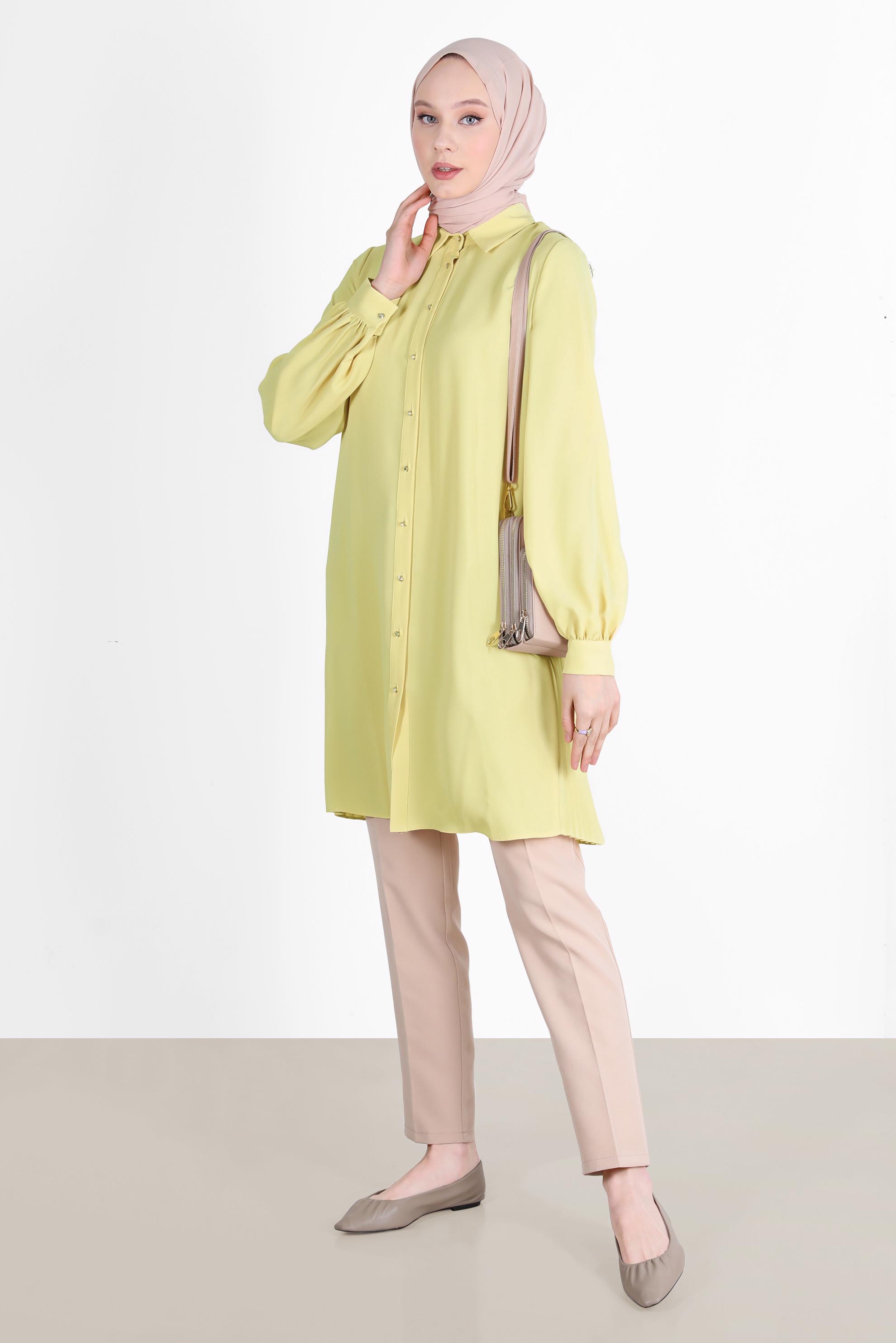 Tesettür giyim SARI ARKASI PİLE DETAYLI TUNİK 42520 