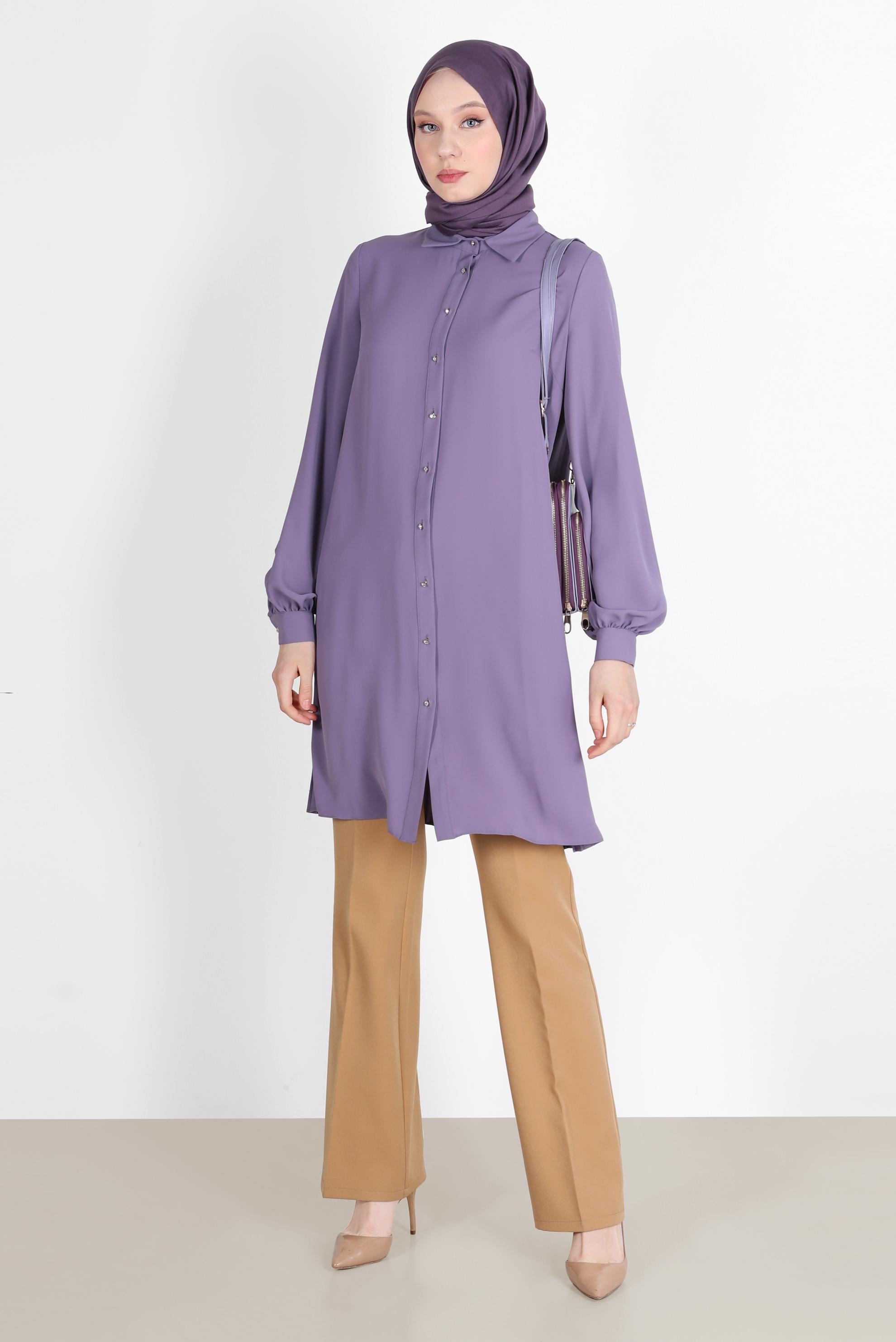 Tesettür giyim MOR ARKASI PİLE DETAYLI TUNİK 42520 