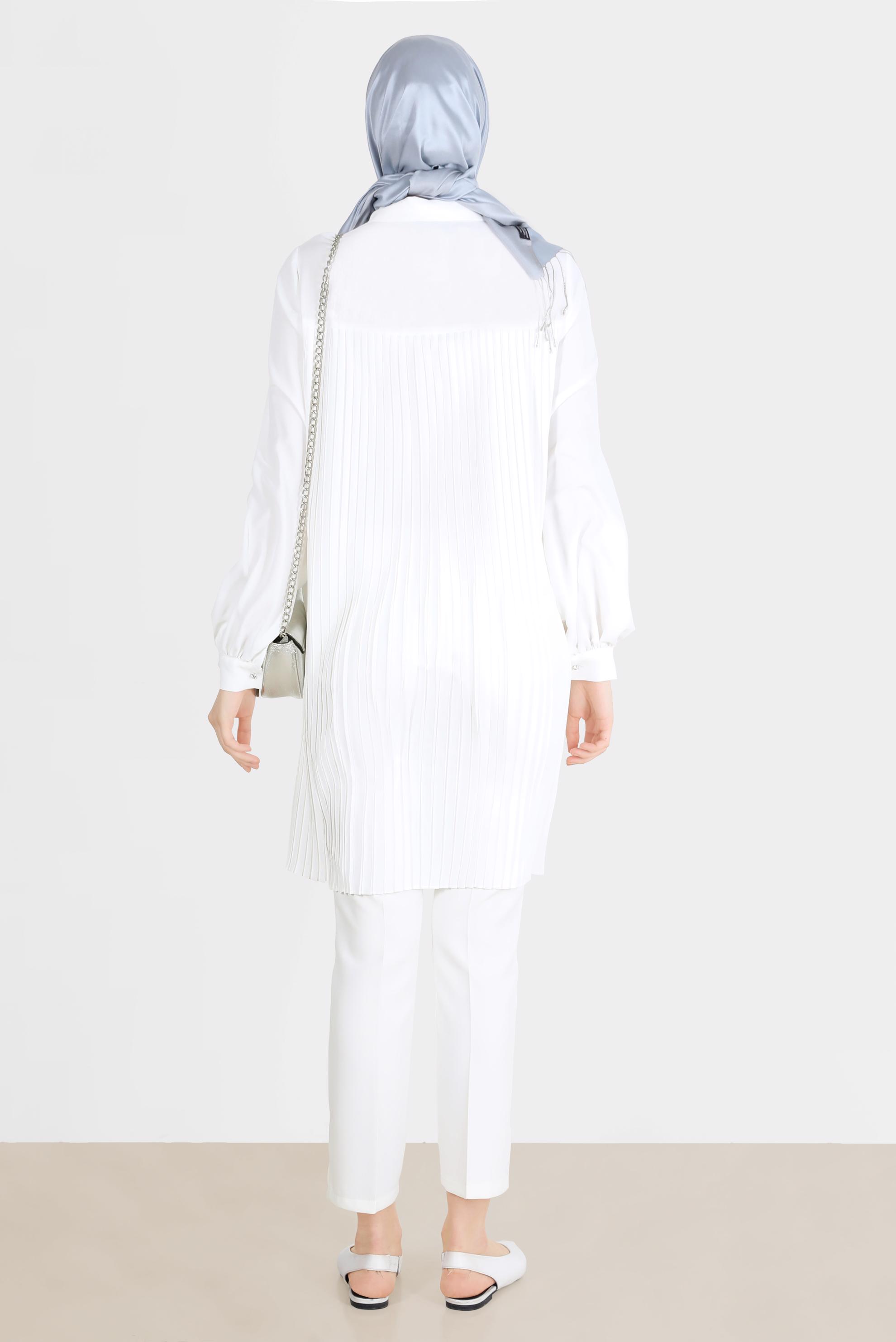 Tesettür giyim BEYAZ ARKASI PİLE DETAYLI TUNİK 42520 