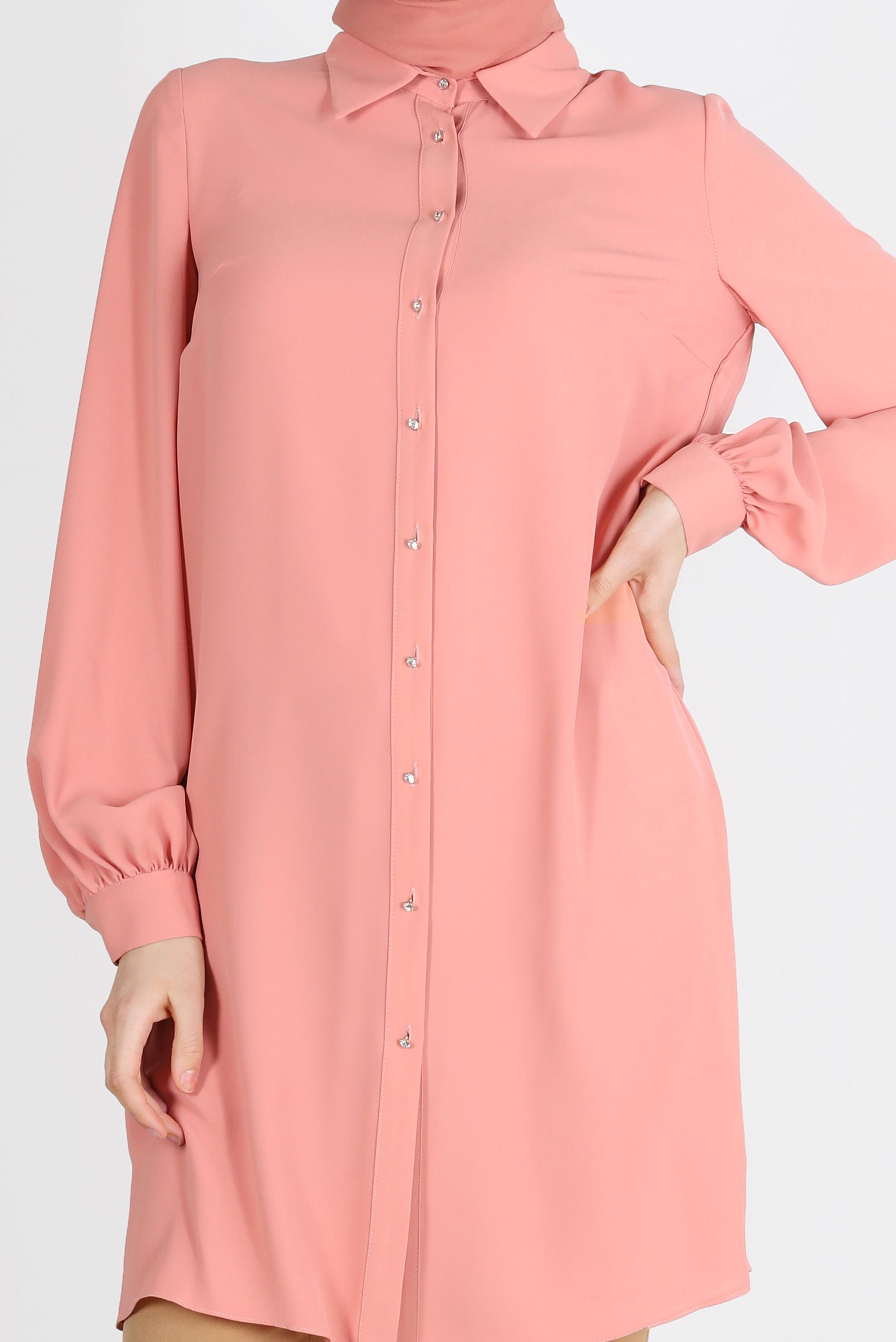 Tesettür giyim PEMBE ARKASI PİLE DETAYLI TUNİK 42520 