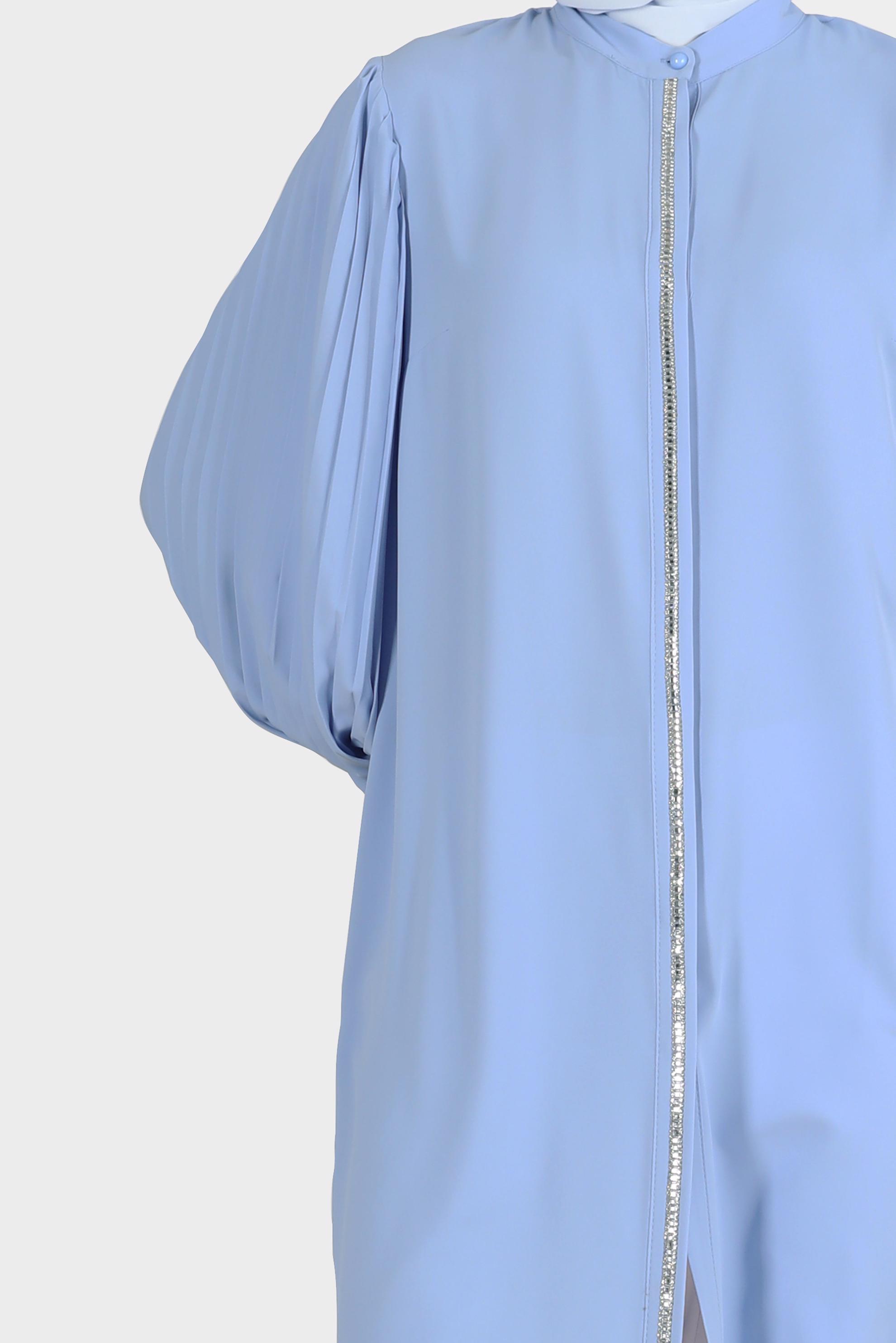 Tesettür giyim MAVİ PARLAK ŞERİT DETAYLI KOLLARI PİLELİ TUNİK 42521