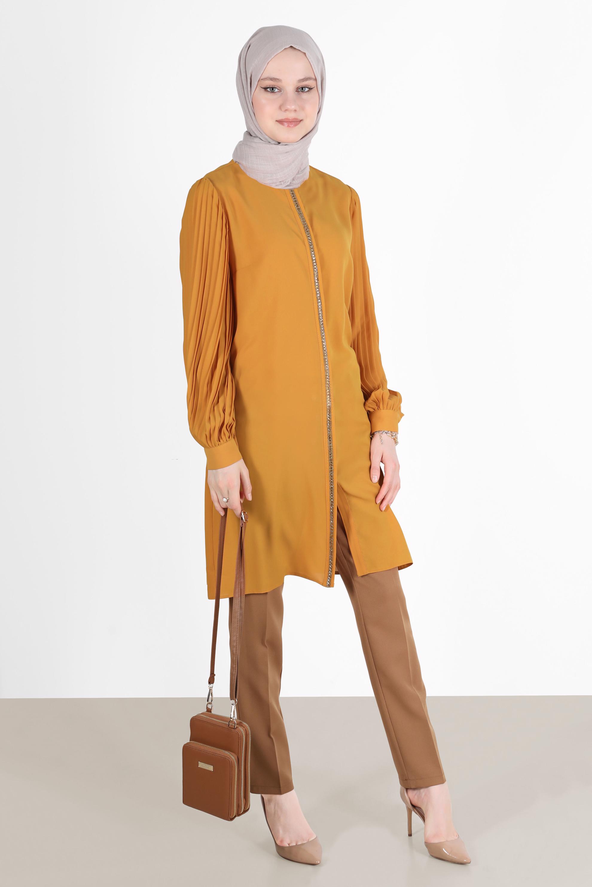 Tesettür giyim SARI PARLAK ŞERİT DETAYLI KOLLARI PİLELİ TUNİK 42521