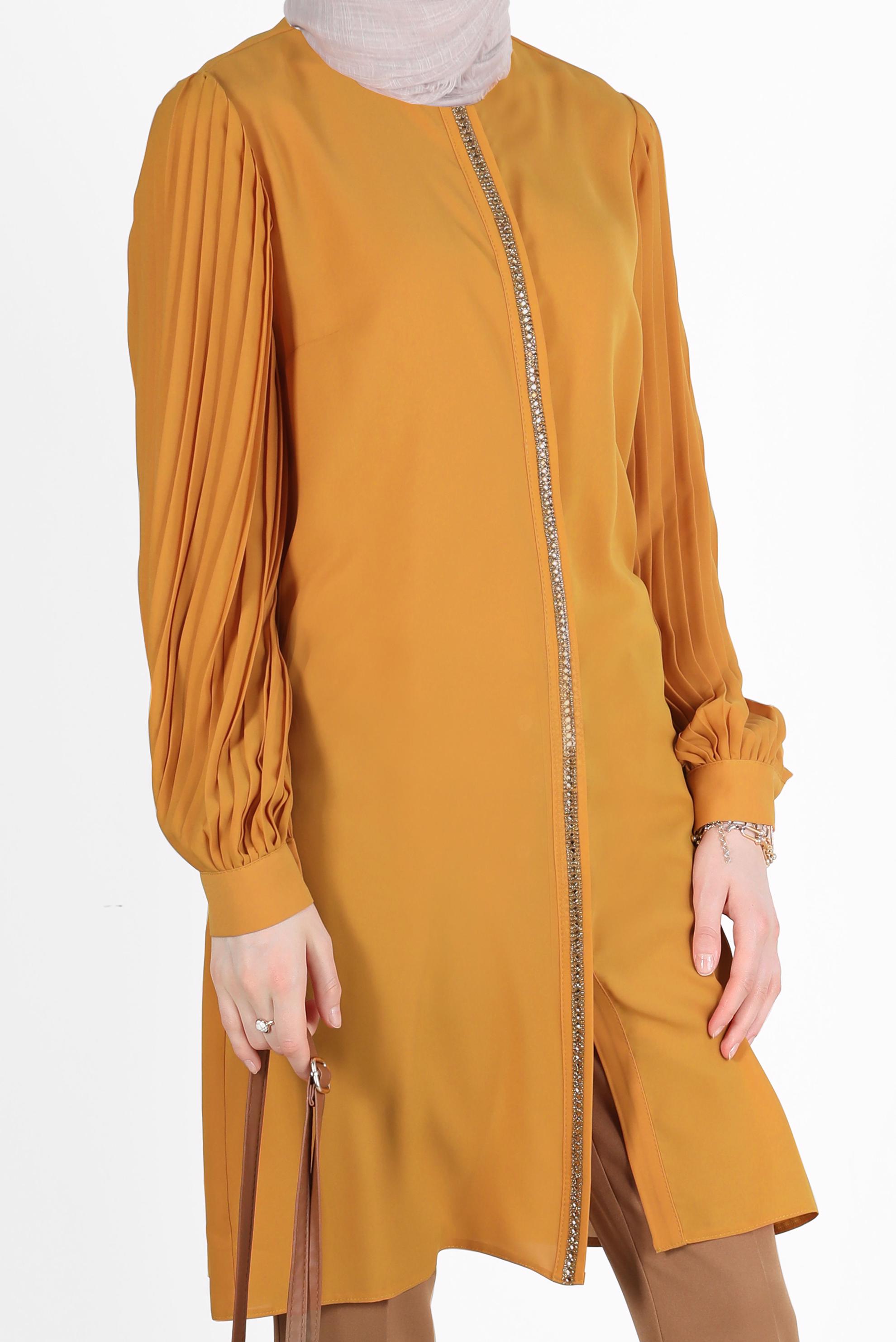 Tesettür giyim SARI PARLAK ŞERİT DETAYLI KOLLARI PİLELİ TUNİK 42521